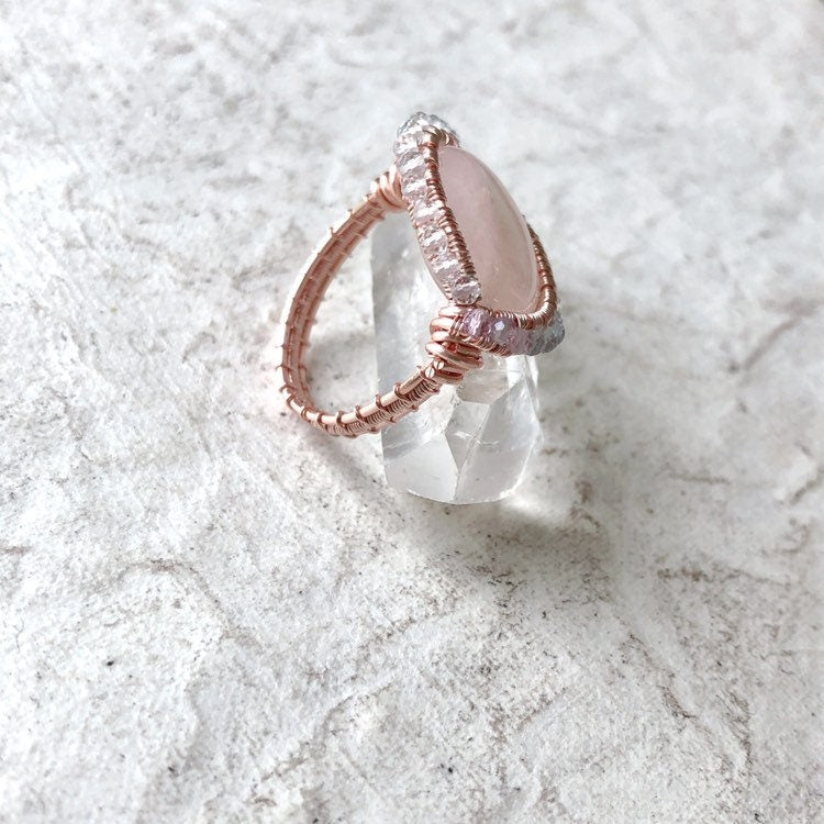 Pink morganite and rainbow fluorite ring