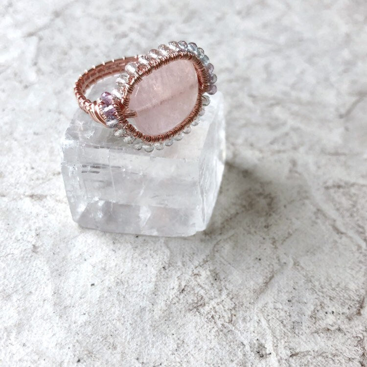 Pink morganite and rainbow fluorite ring