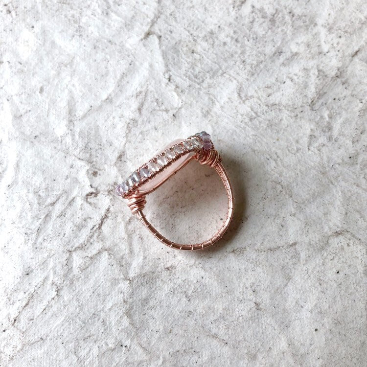 Pink morganite and rainbow fluorite ring