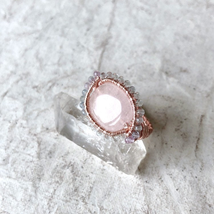 Pink morganite and rainbow fluorite ring