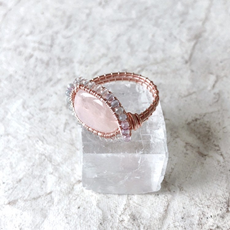 Pink morganite and rainbow fluorite ring