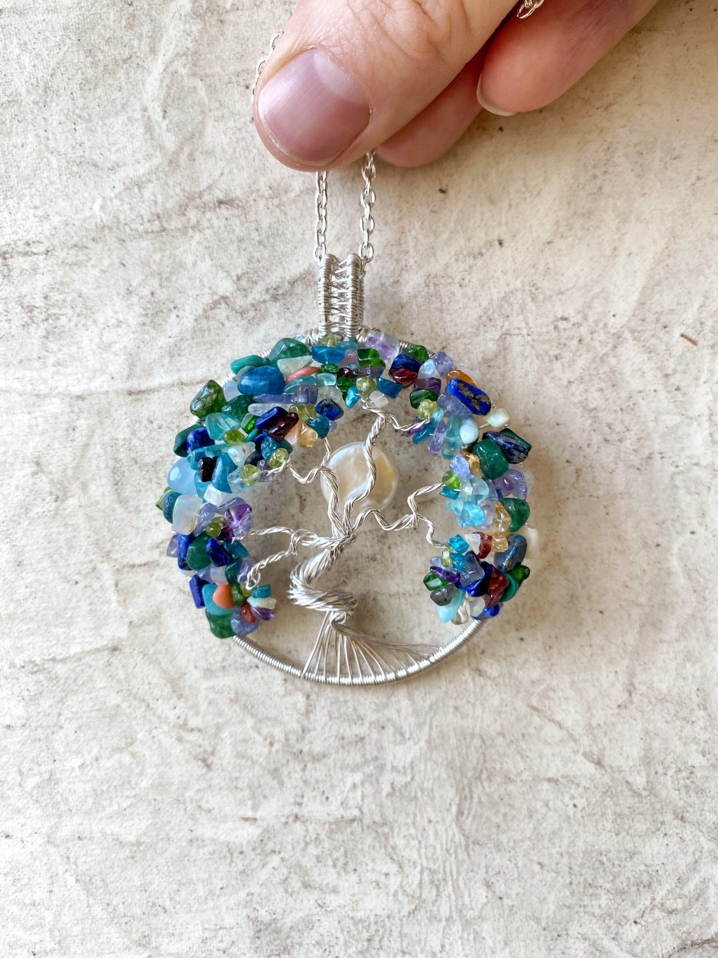 Rainbow gemstone tree of life necklace