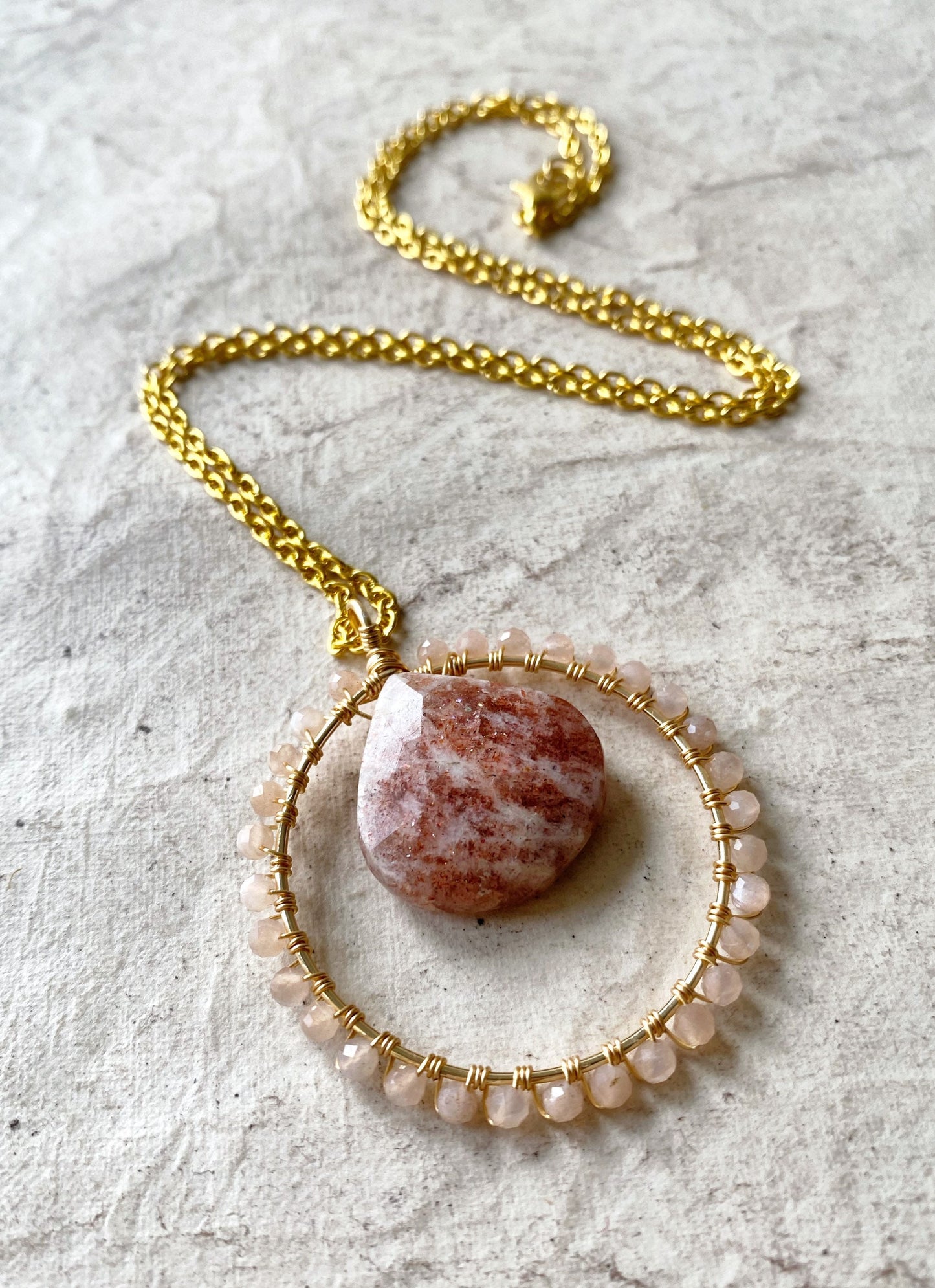 Sunstone and Peach Moonstone Crystal Circle Necklace