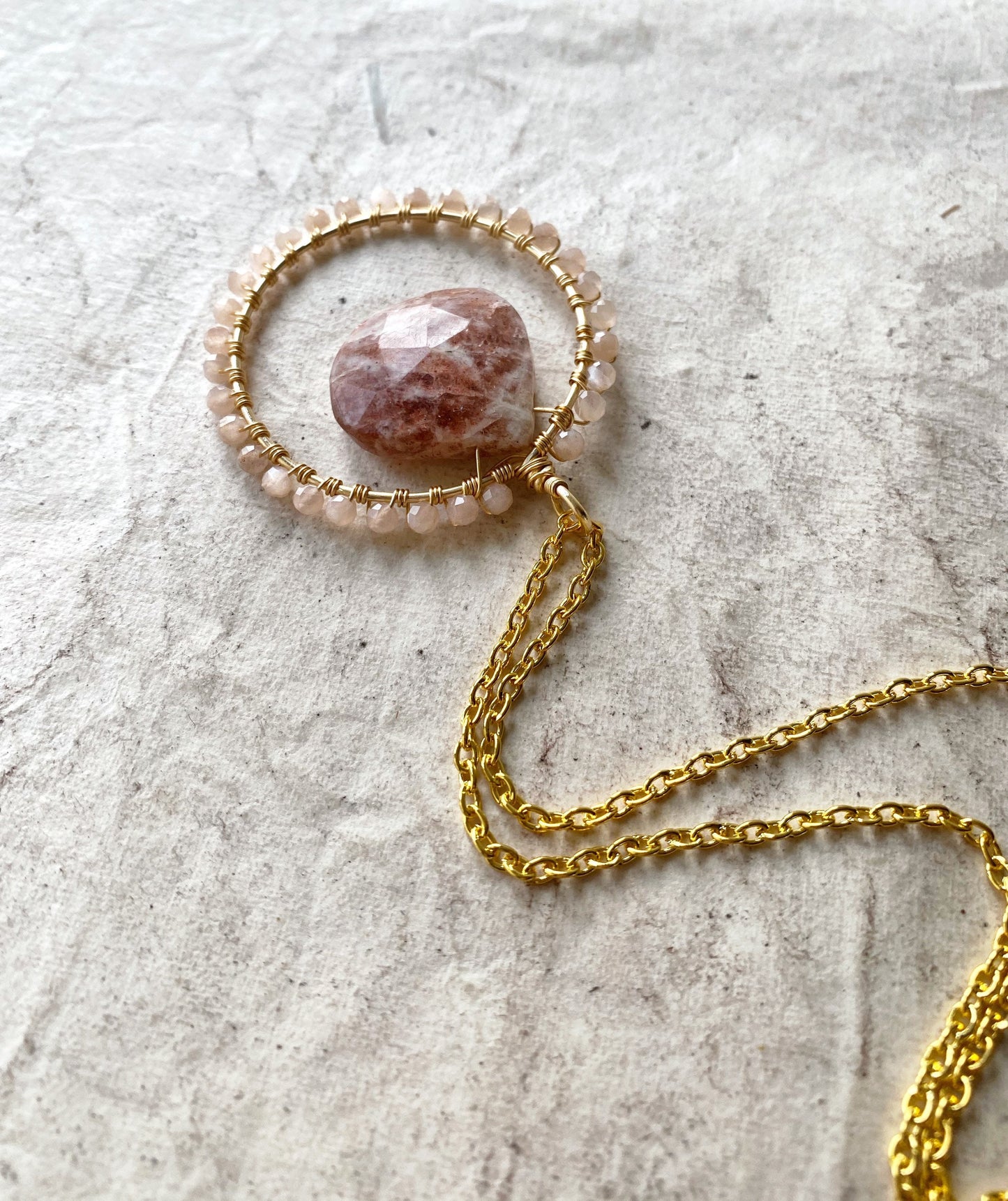 Sunstone and Peach Moonstone Crystal Circle Necklace