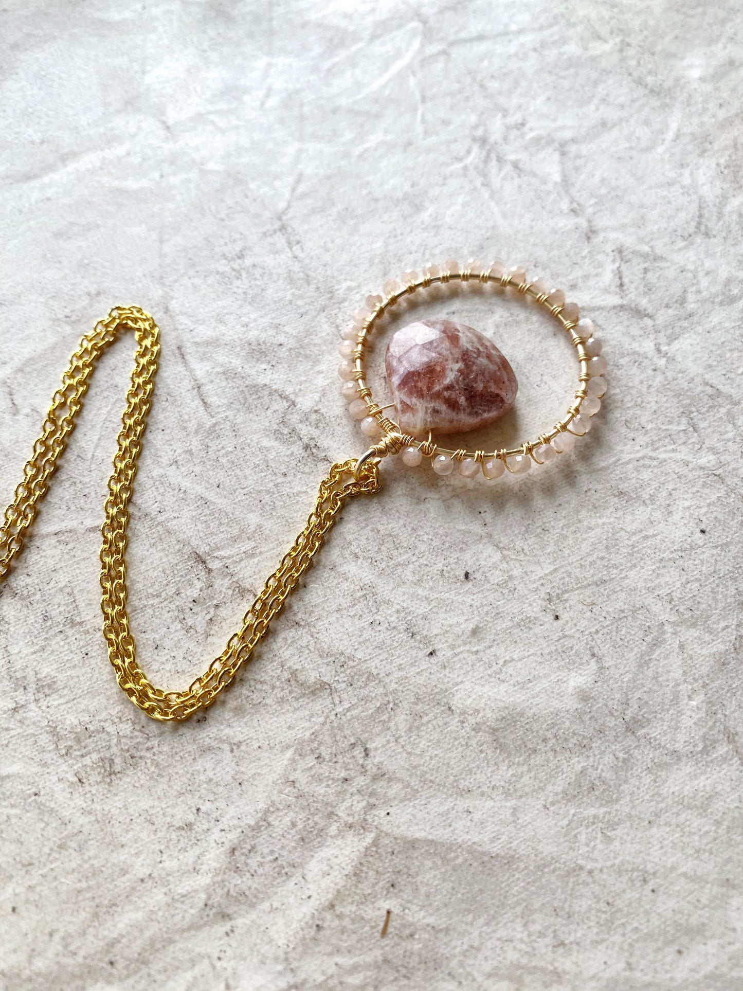 Sunstone and Peach Moonstone Crystal Circle Necklace
