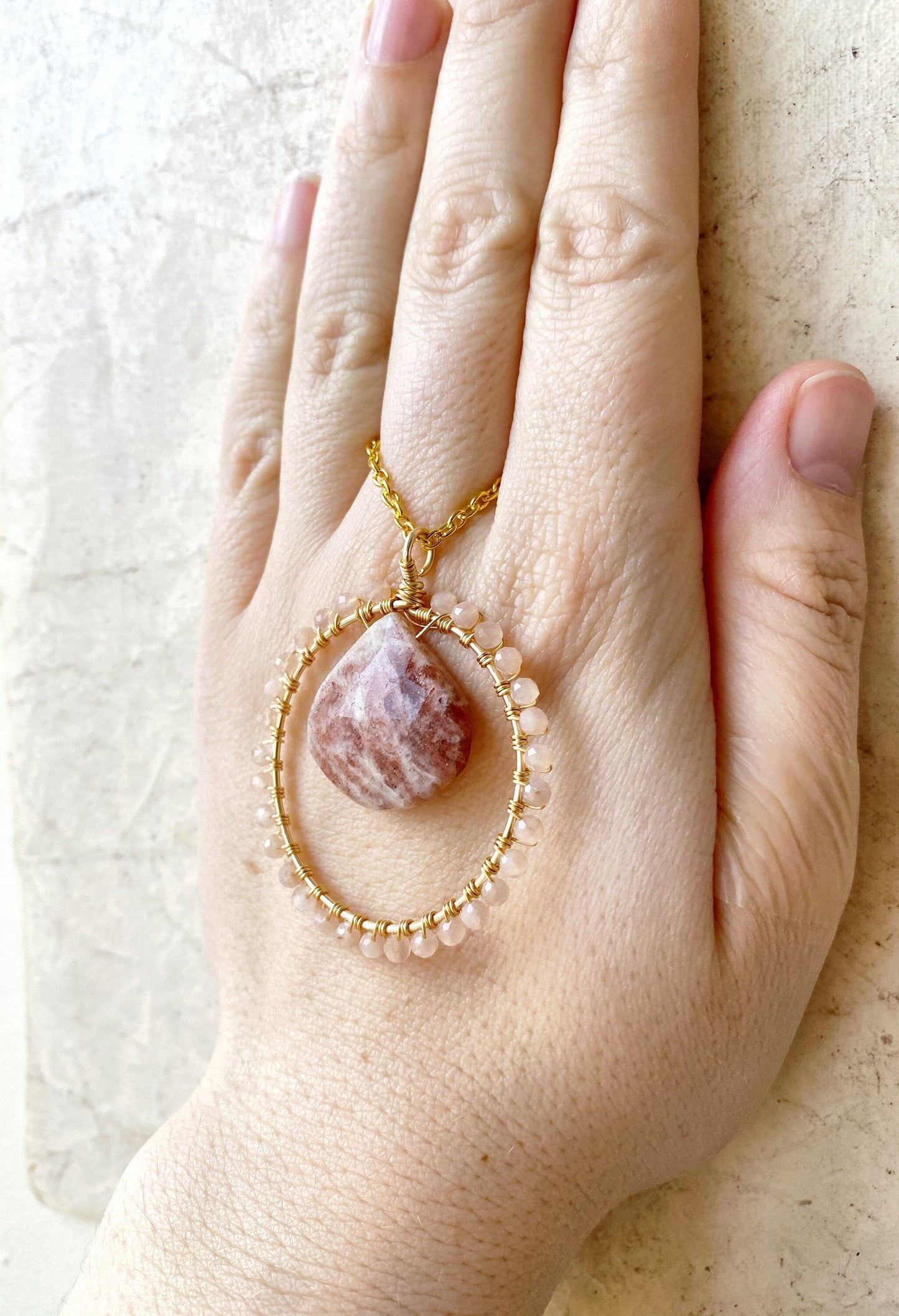 Sunstone and Peach Moonstone Crystal Circle Necklace
