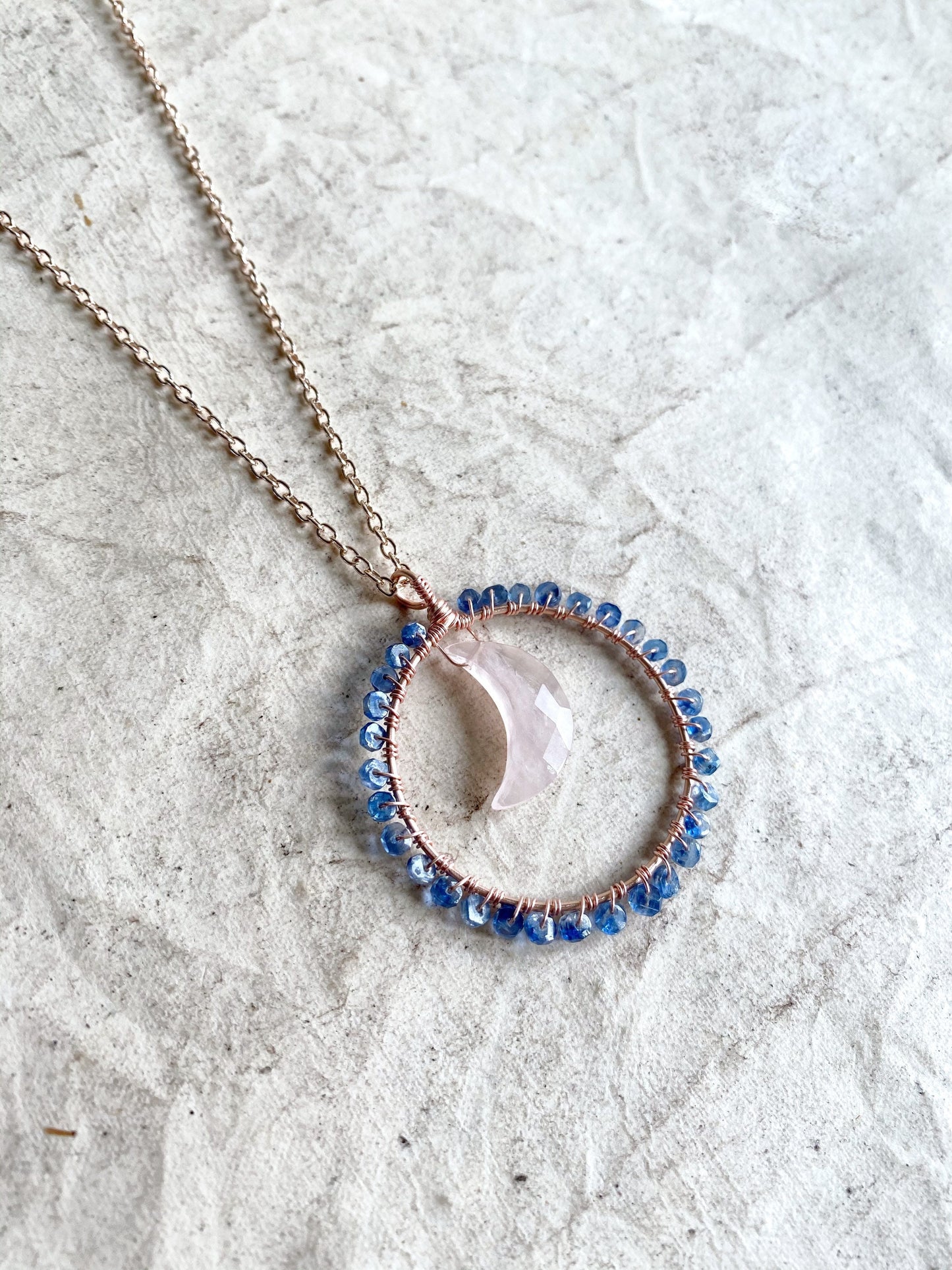 Kyanite and Rose quartz moon necklace