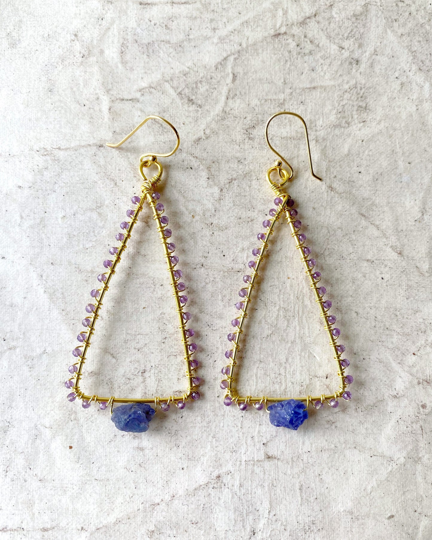 Tanzanite and Amethyst triangle earrings in gold