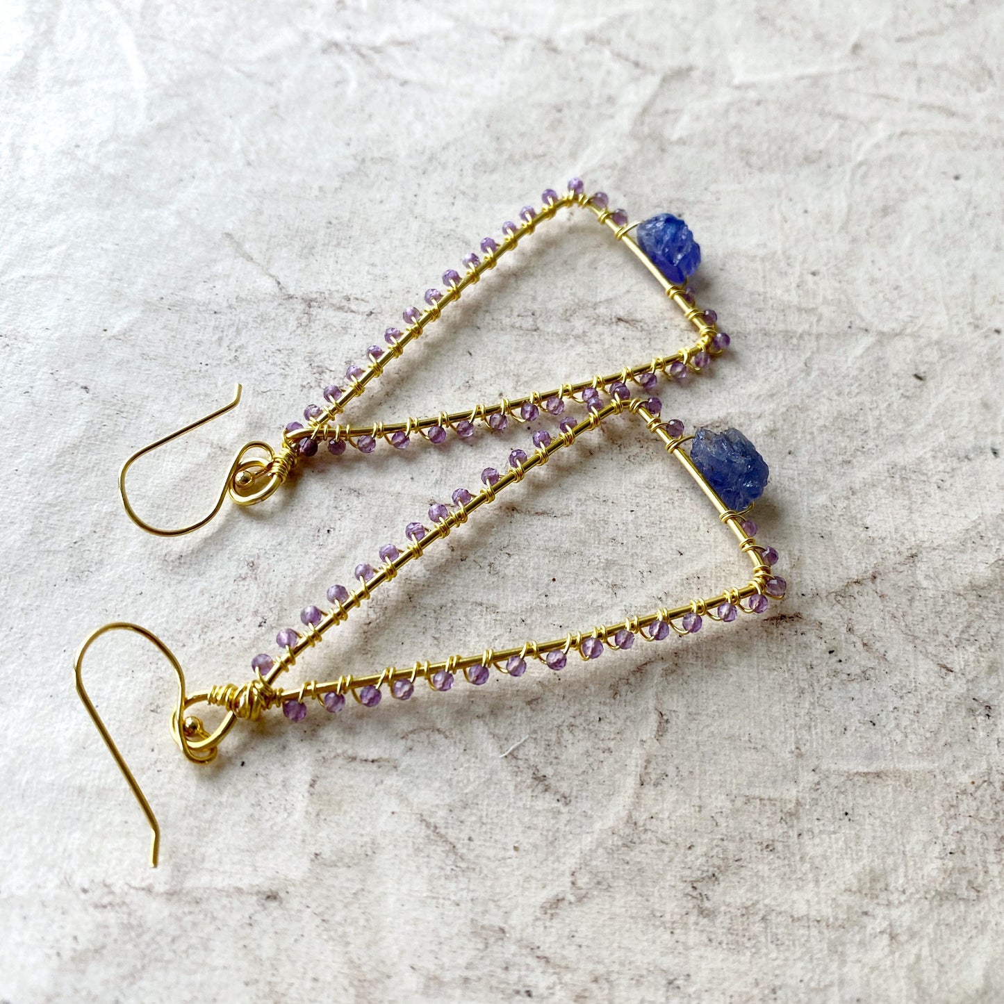 Tanzanite and Amethyst triangle earrings in gold