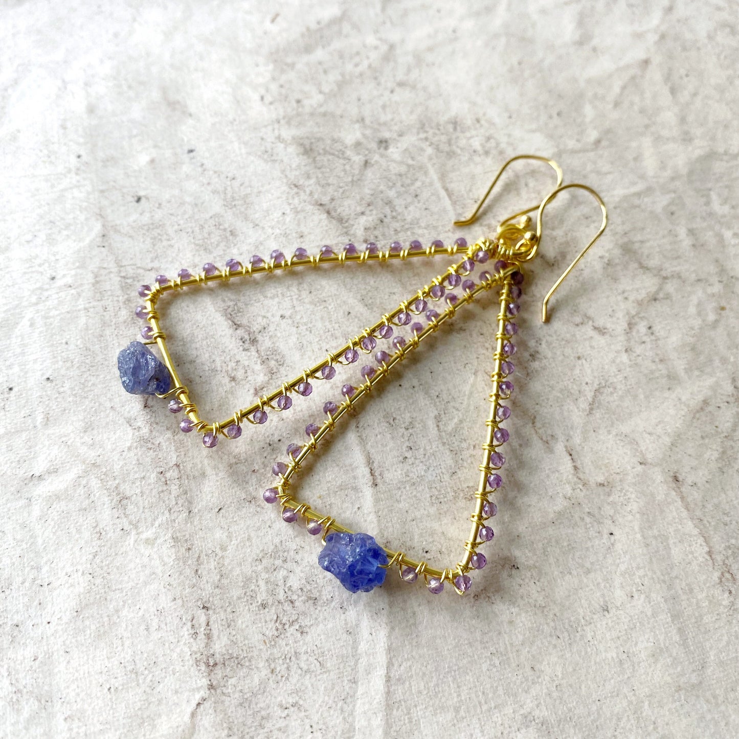 Tanzanite and Amethyst triangle earrings in gold