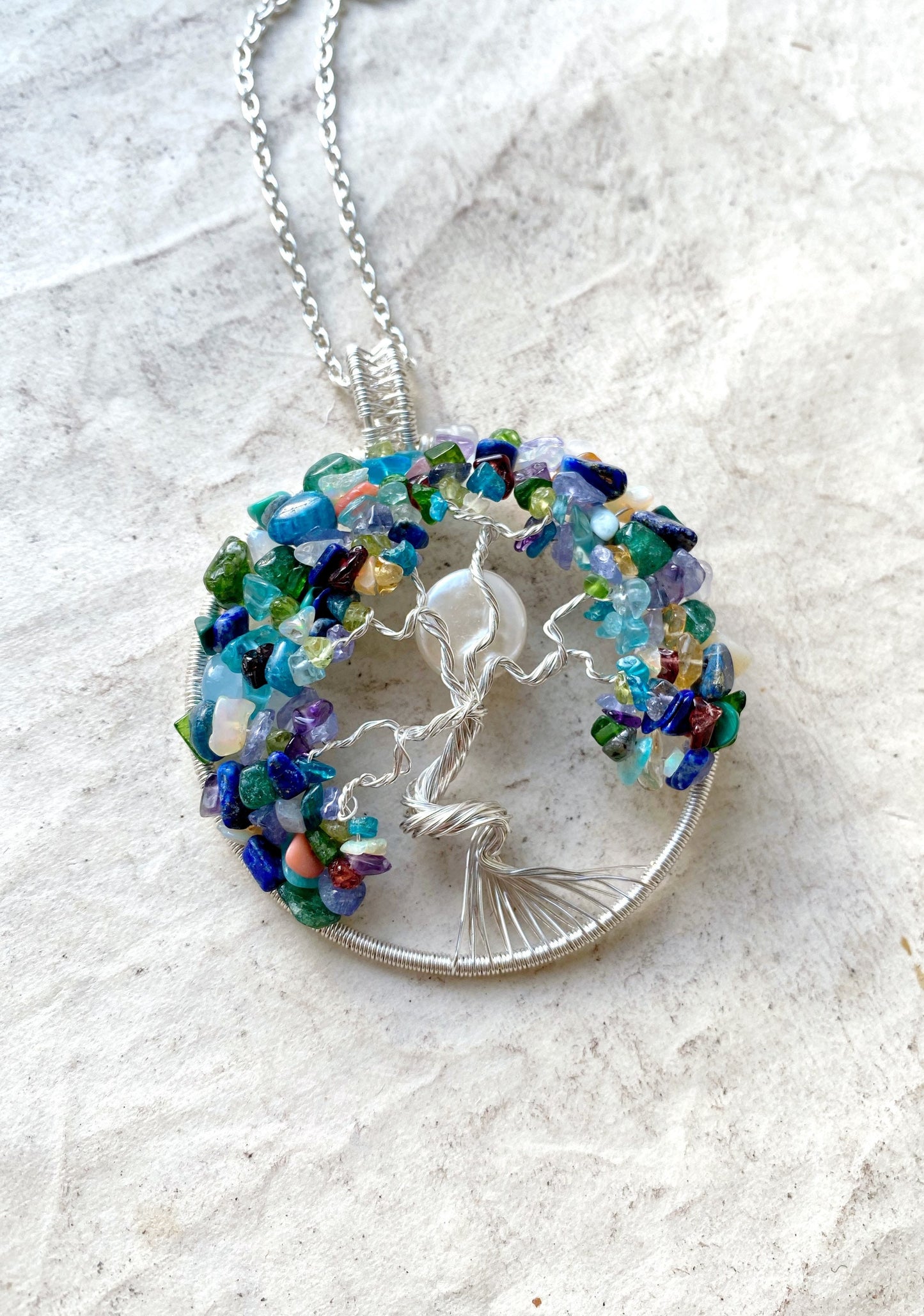 Rainbow gemstone tree of life necklace