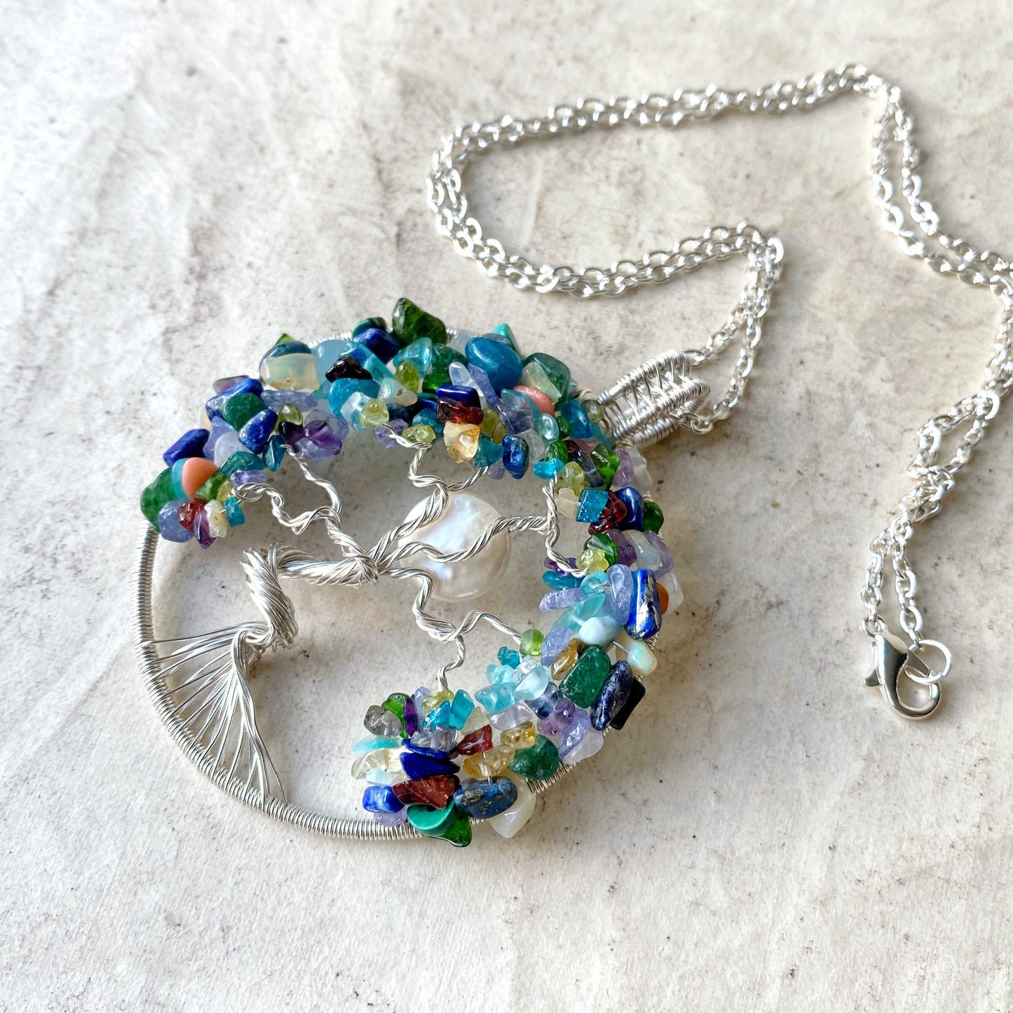 Rainbow gemstone tree of life necklace