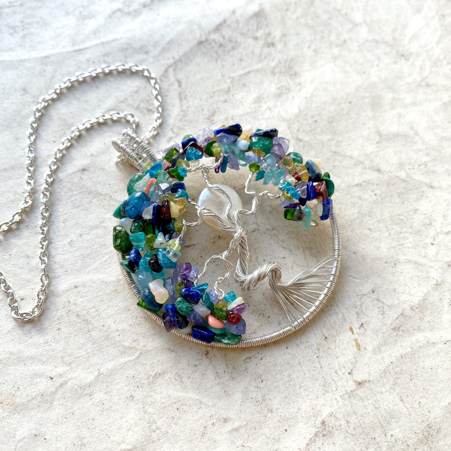 Rainbow gemstone tree of life necklace
