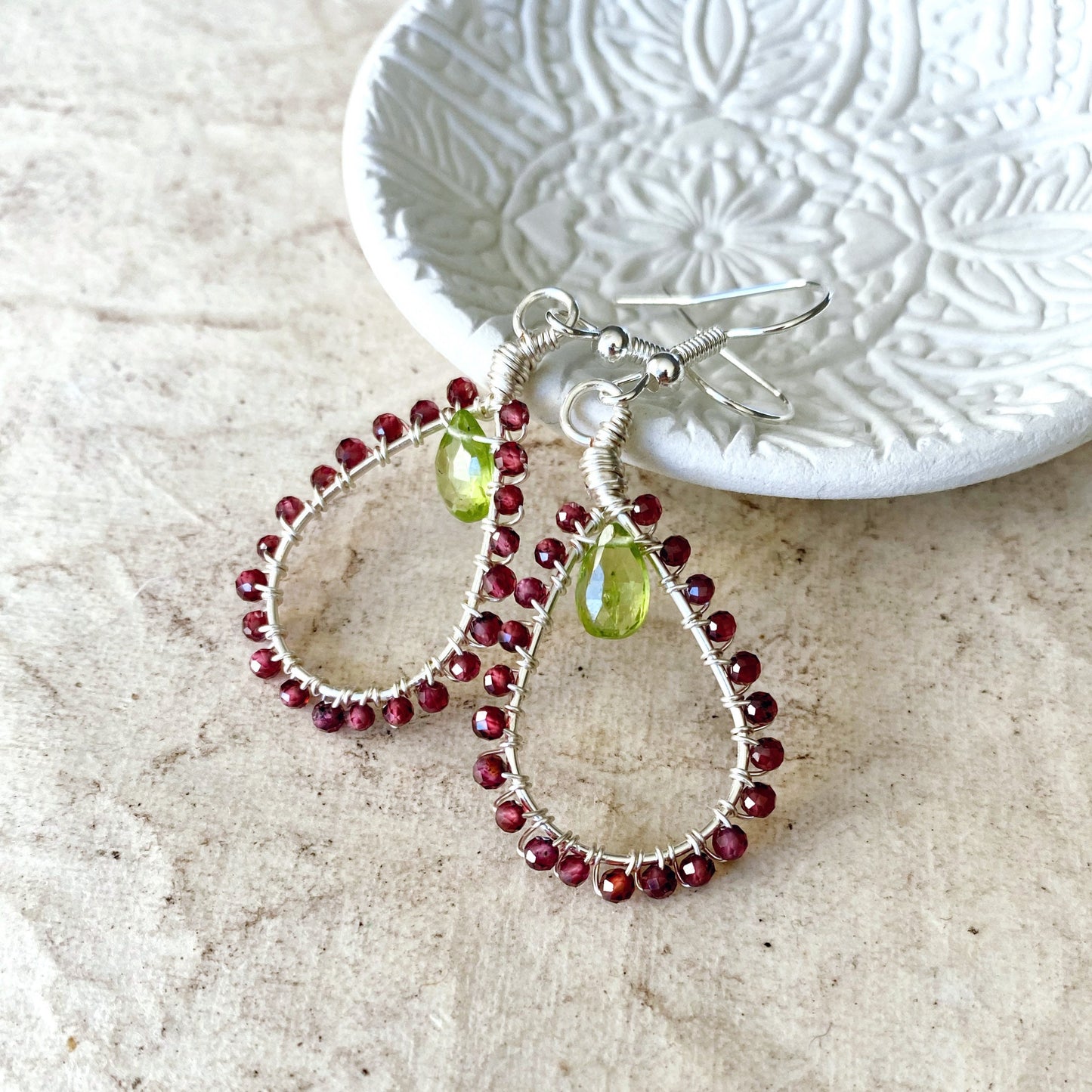 Peridot and Garnet Tudor Drop Earrings