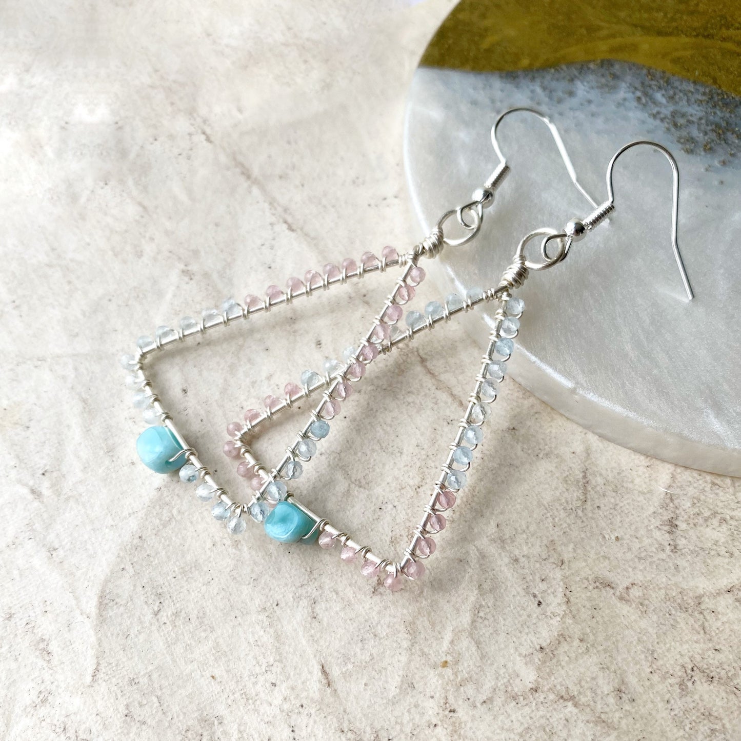 Larimar, rose quartz and aquamarine triangle earrings