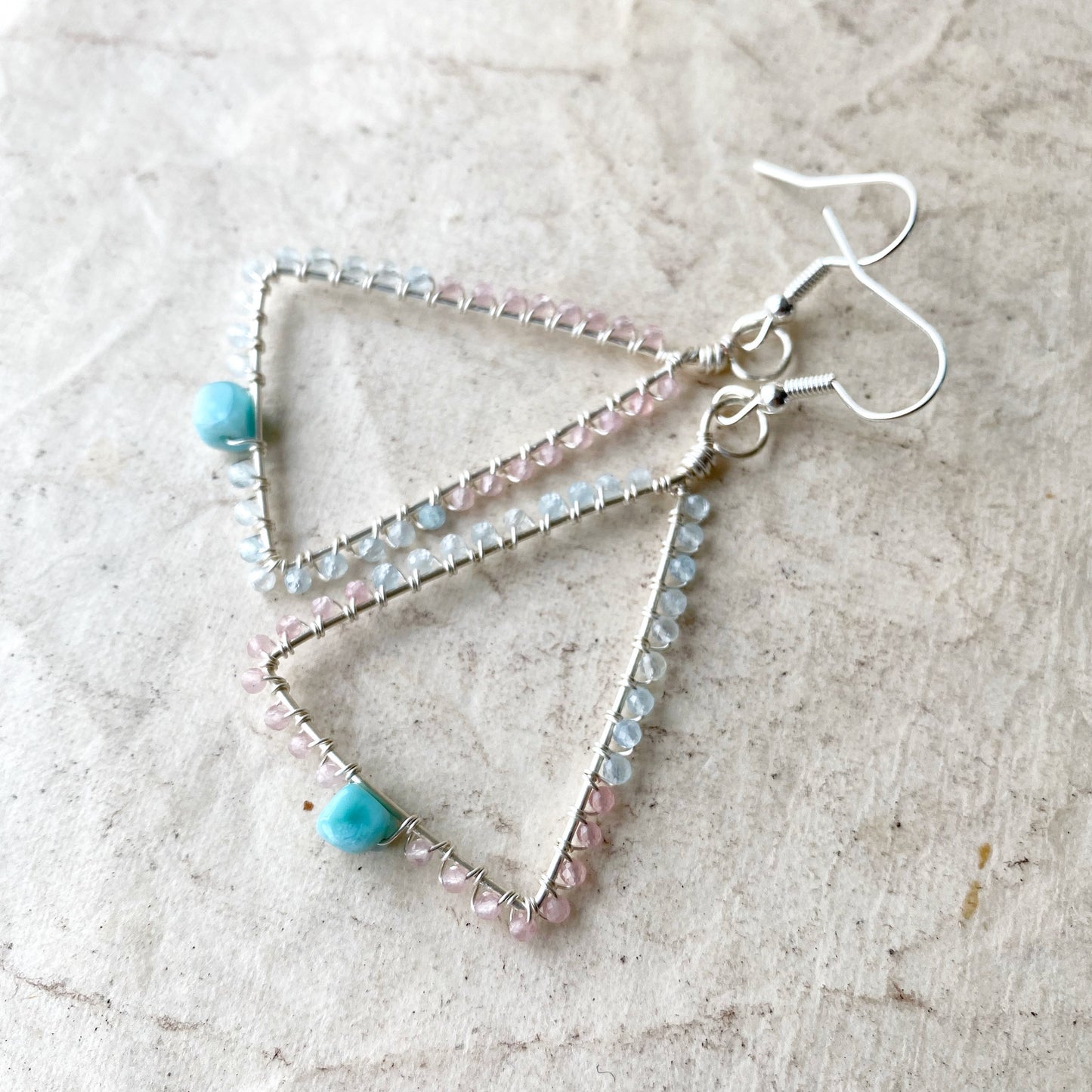 Larimar, rose quartz and aquamarine triangle earrings