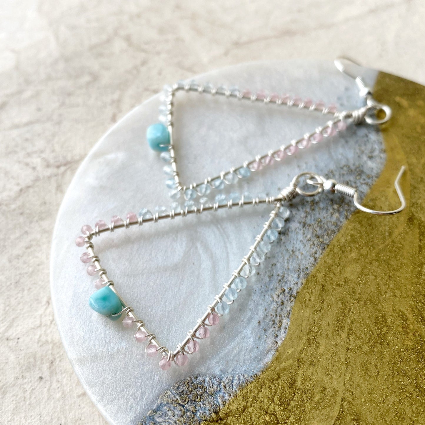 Larimar, rose quartz and aquamarine triangle earrings