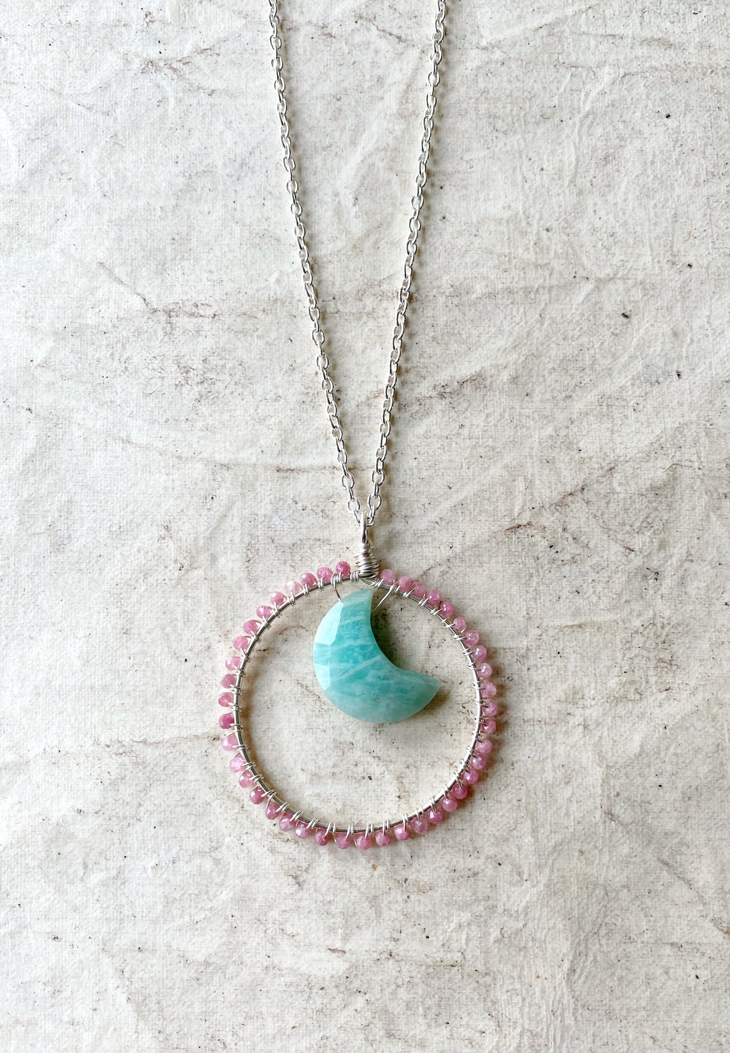 Pink Tourmaline and Amazonite crystal Moon Gazer Necklace