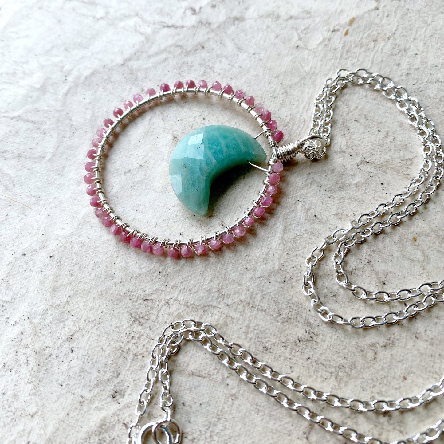 Pink Tourmaline and Amazonite crystal Moon Gazer Necklace