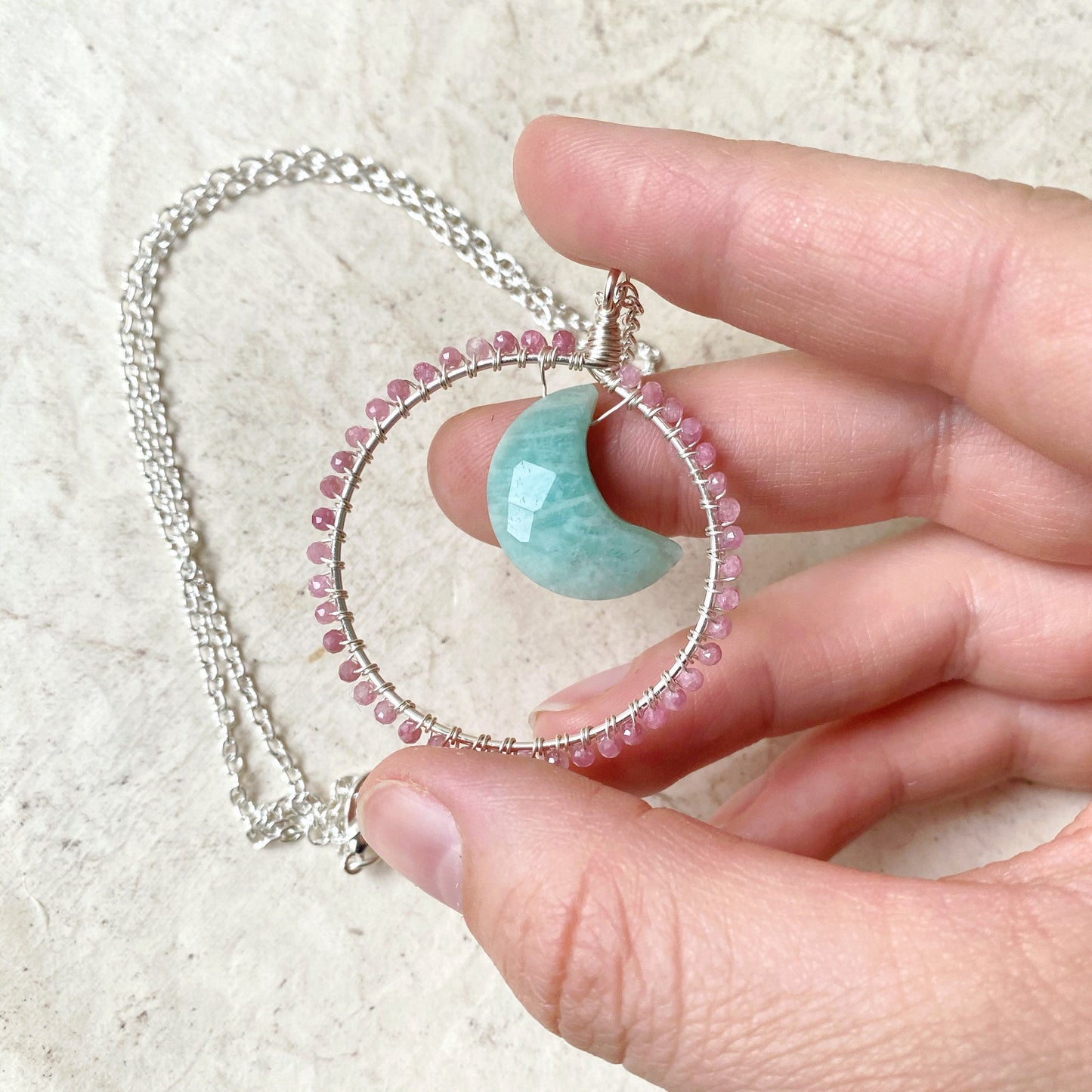 Pink Tourmaline and Amazonite crystal Moon Gazer Necklace