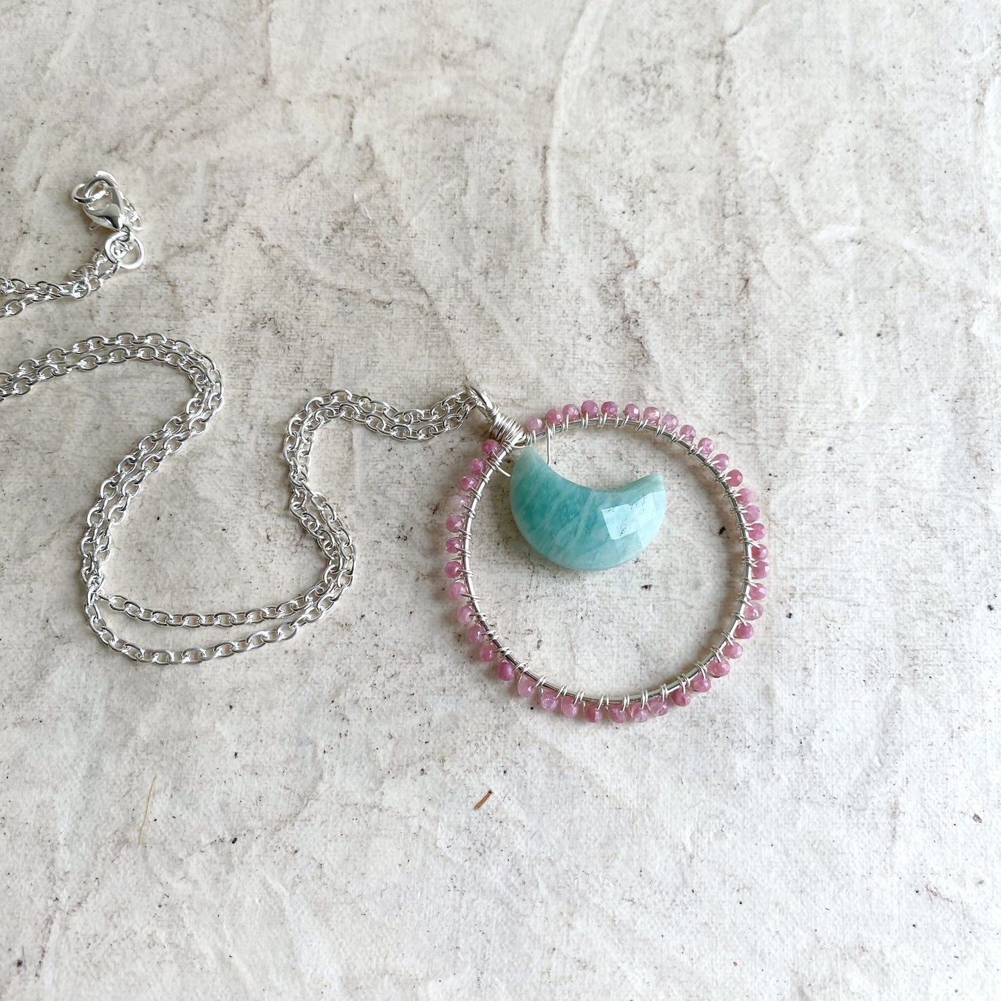Pink Tourmaline and Amazonite crystal Moon Gazer Necklace
