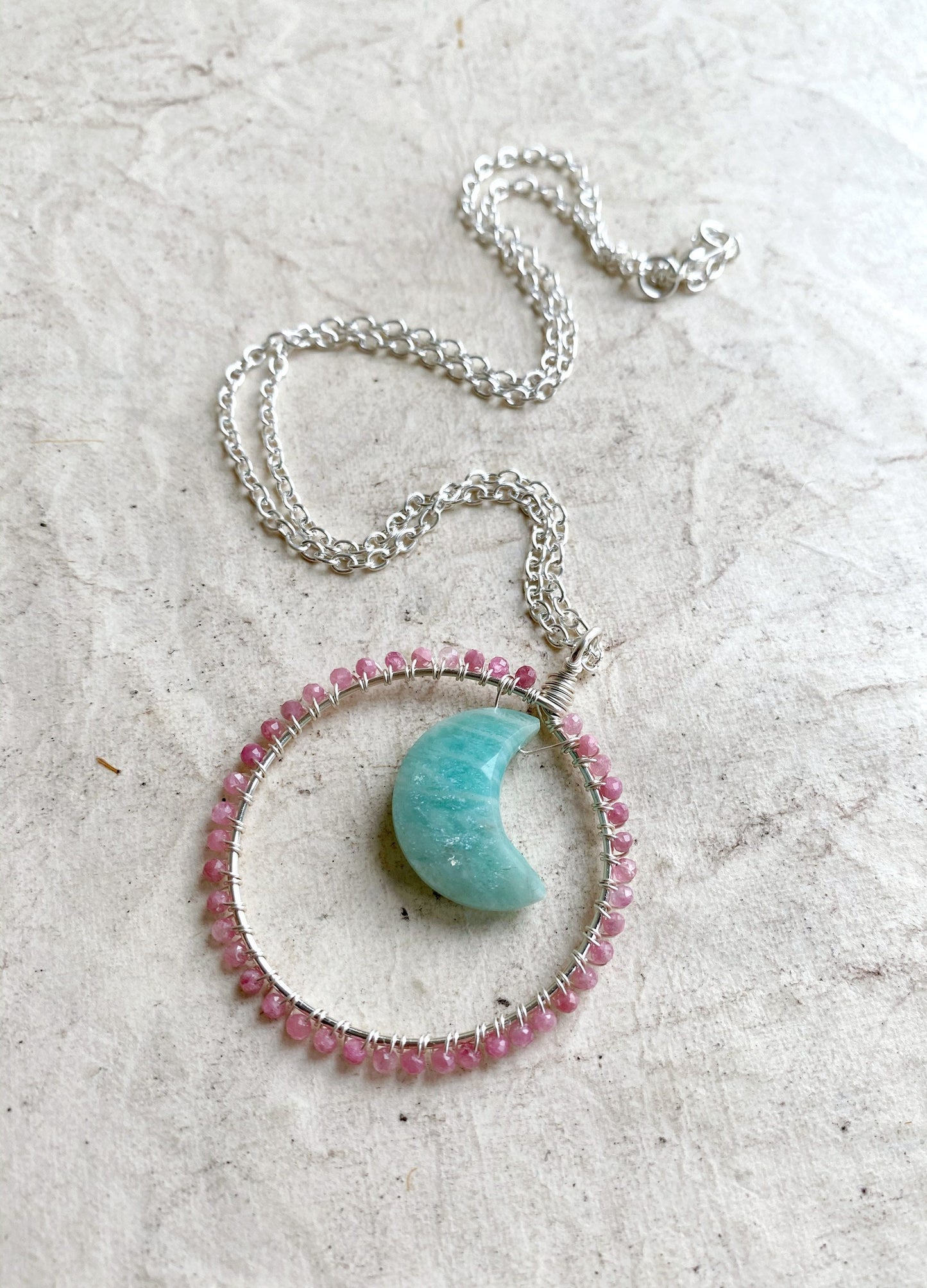 Pink Tourmaline and Amazonite crystal Moon Gazer Necklace