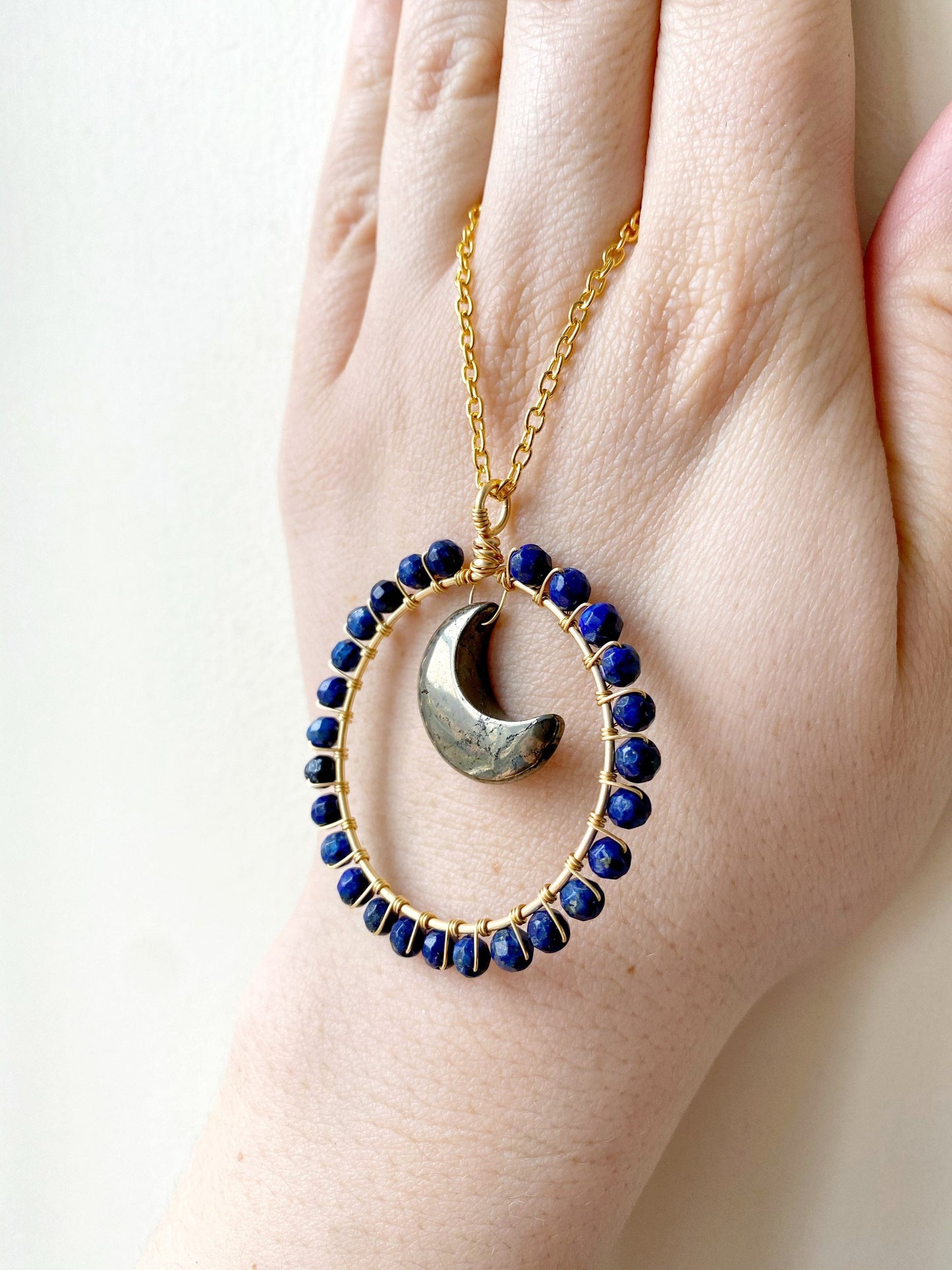 Pyrite and Lapis Lazuli Crystal Moon Necklace