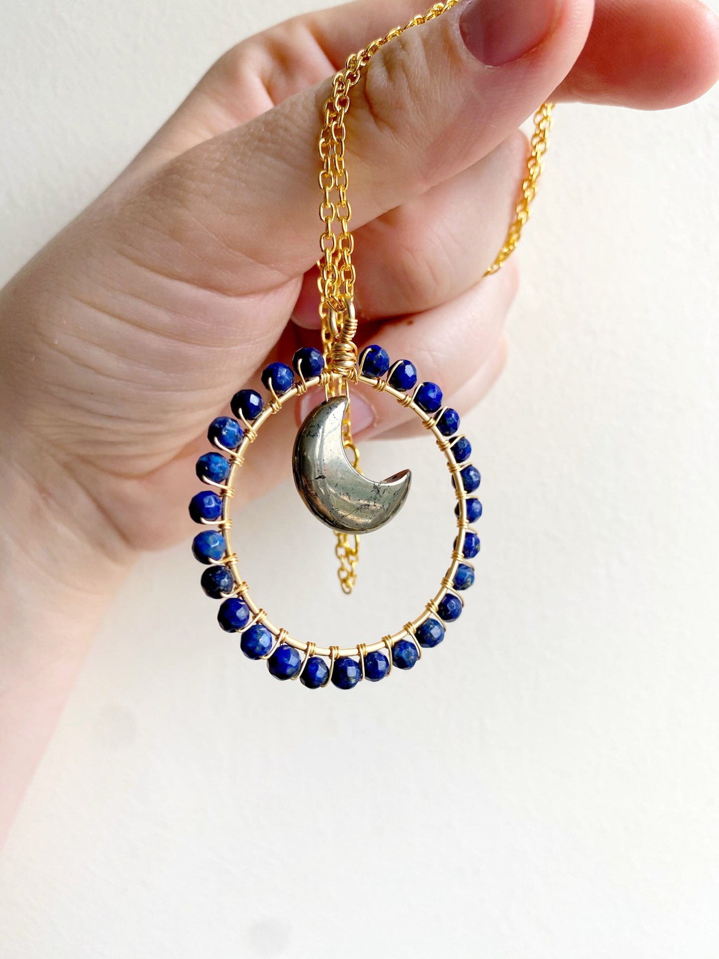 Pyrite and Lapis Lazuli Crystal Moon Necklace