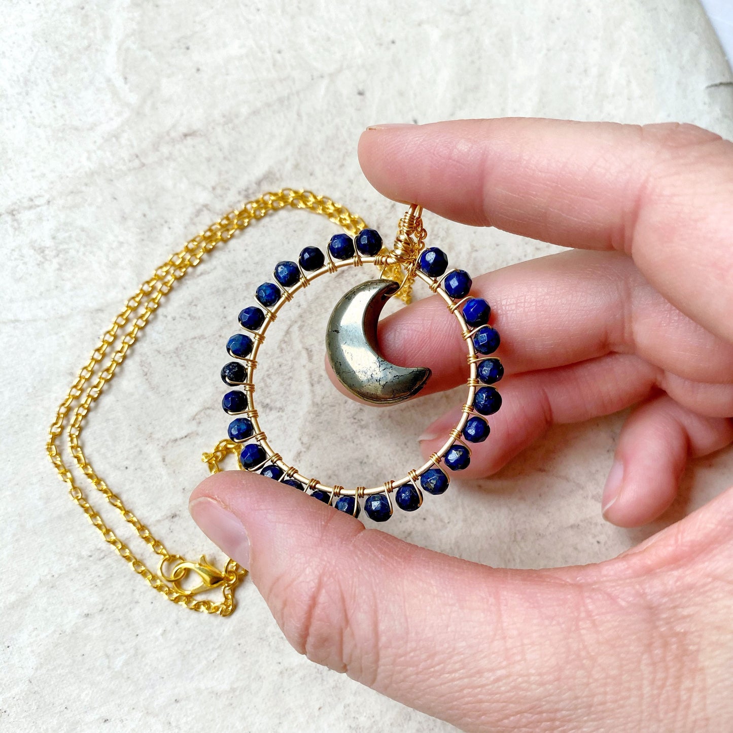 Pyrite and Lapis Lazuli Crystal Moon Necklace