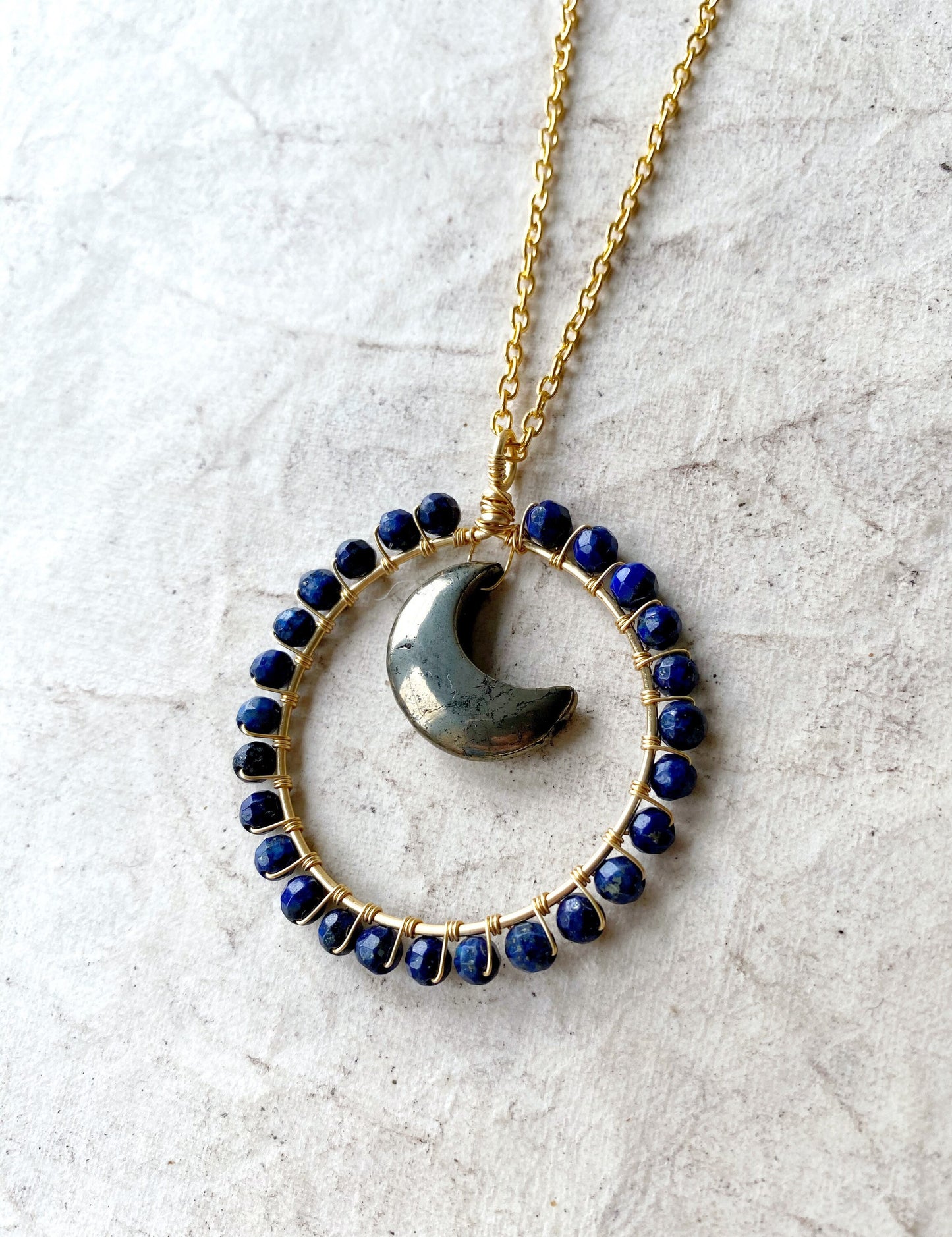 Pyrite and Lapis Lazuli Crystal Moon Necklace