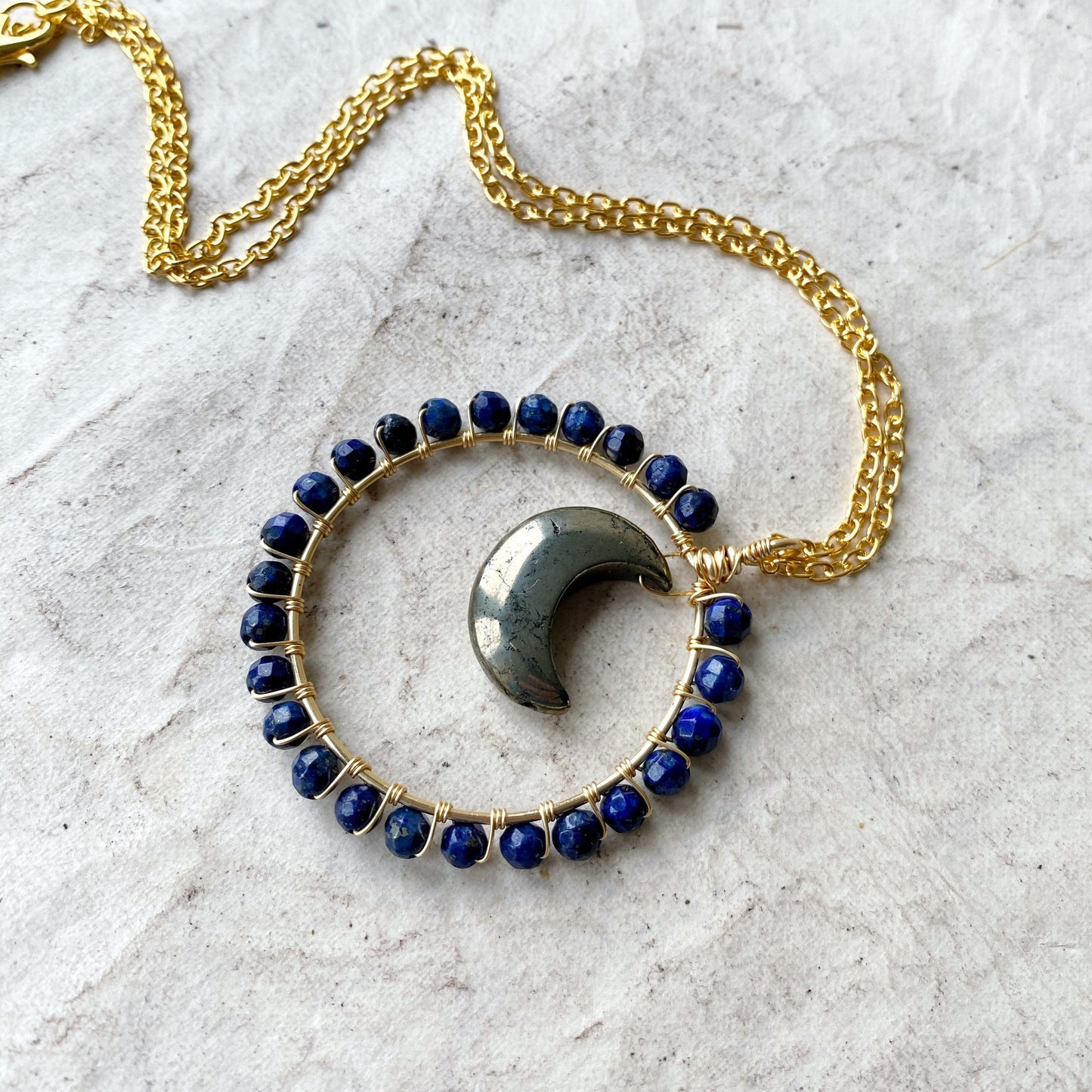 Pyrite and Lapis Lazuli Crystal Moon Necklace