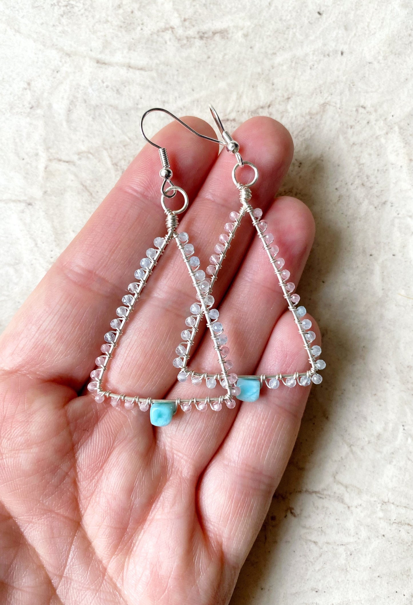 Larimar, rose quartz and aquamarine triangle earrings