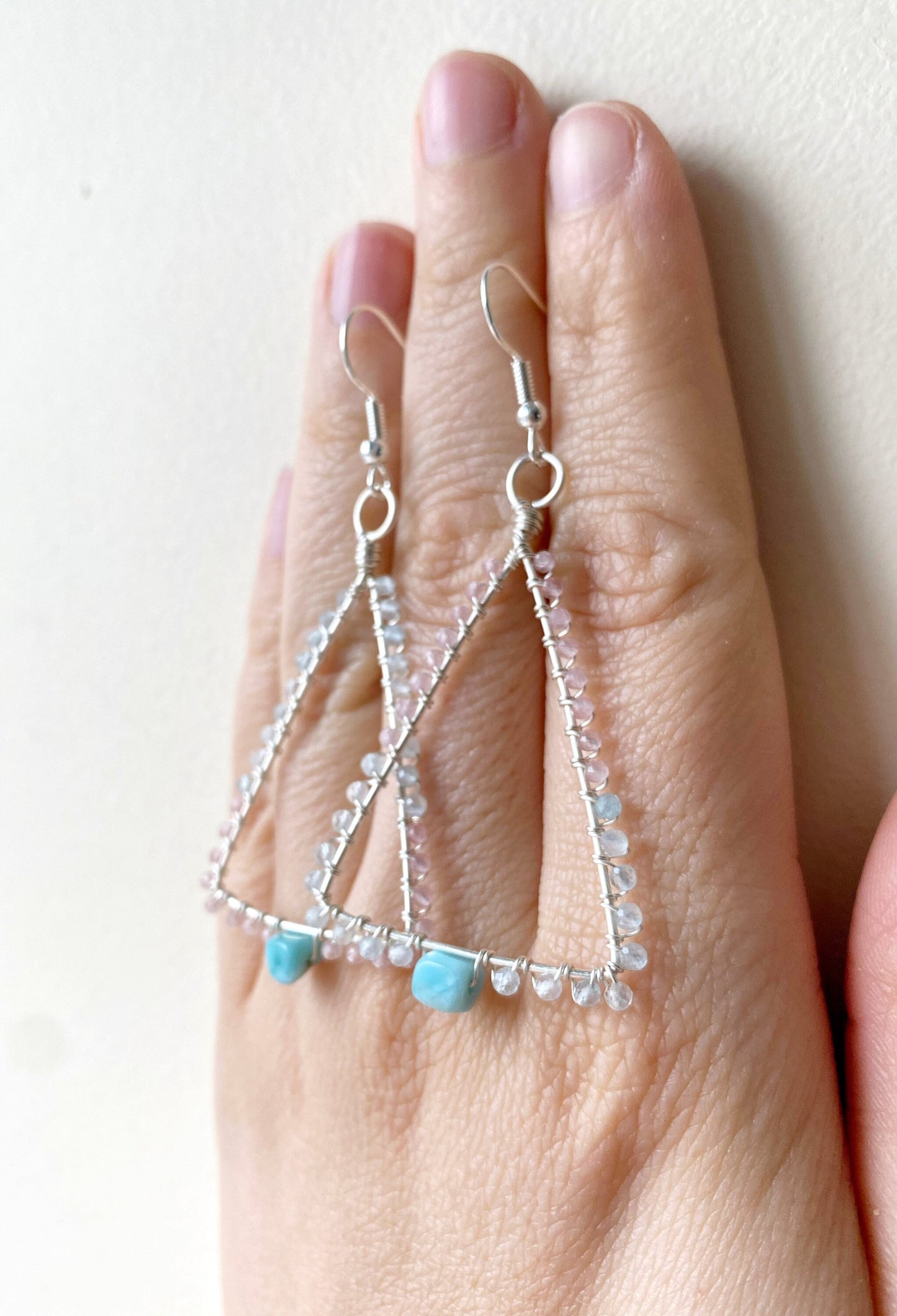 Larimar, rose quartz and aquamarine triangle earrings