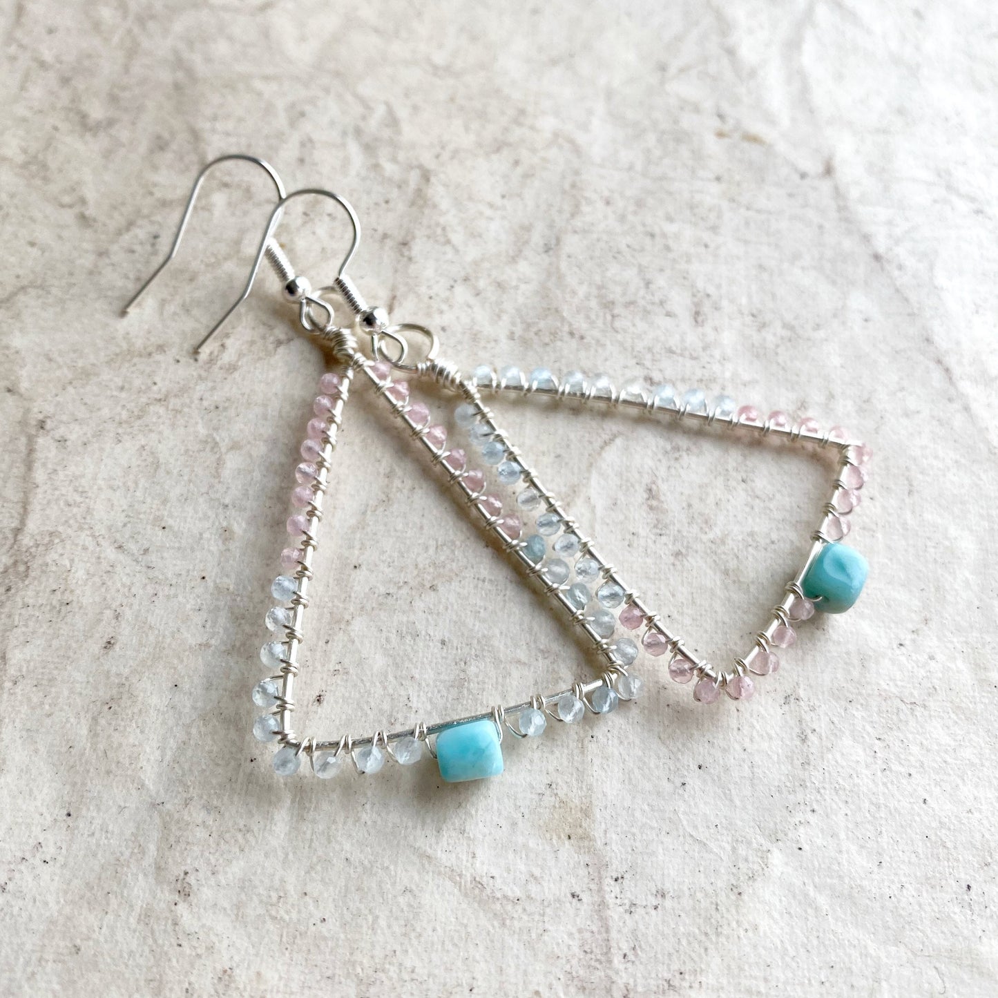 Larimar, rose quartz and aquamarine triangle earrings
