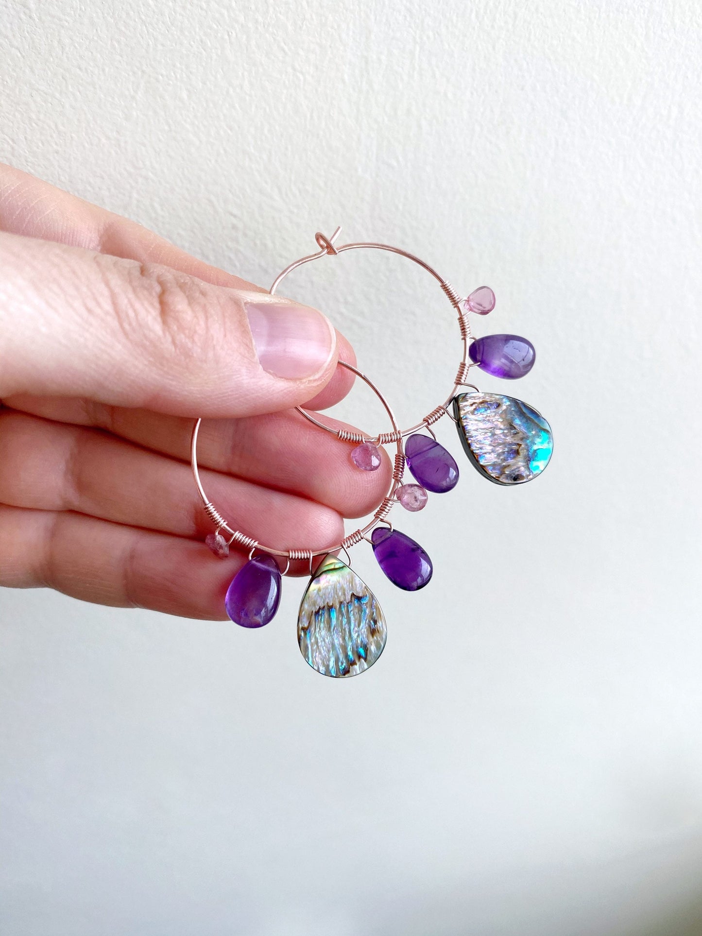 Peacock feather earrings with abalone, amethyst and pink tourmaline