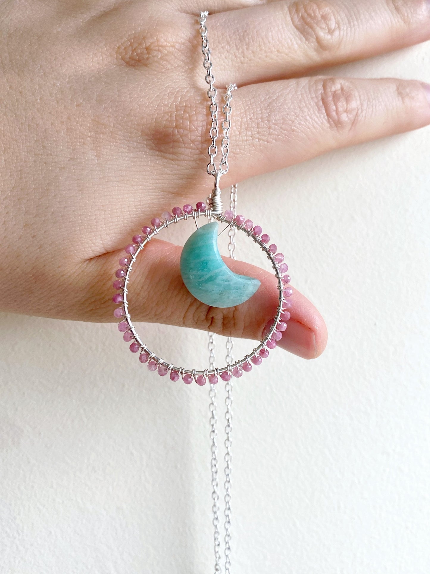 Pink Tourmaline and Amazonite crystal Moon Gazer Necklace