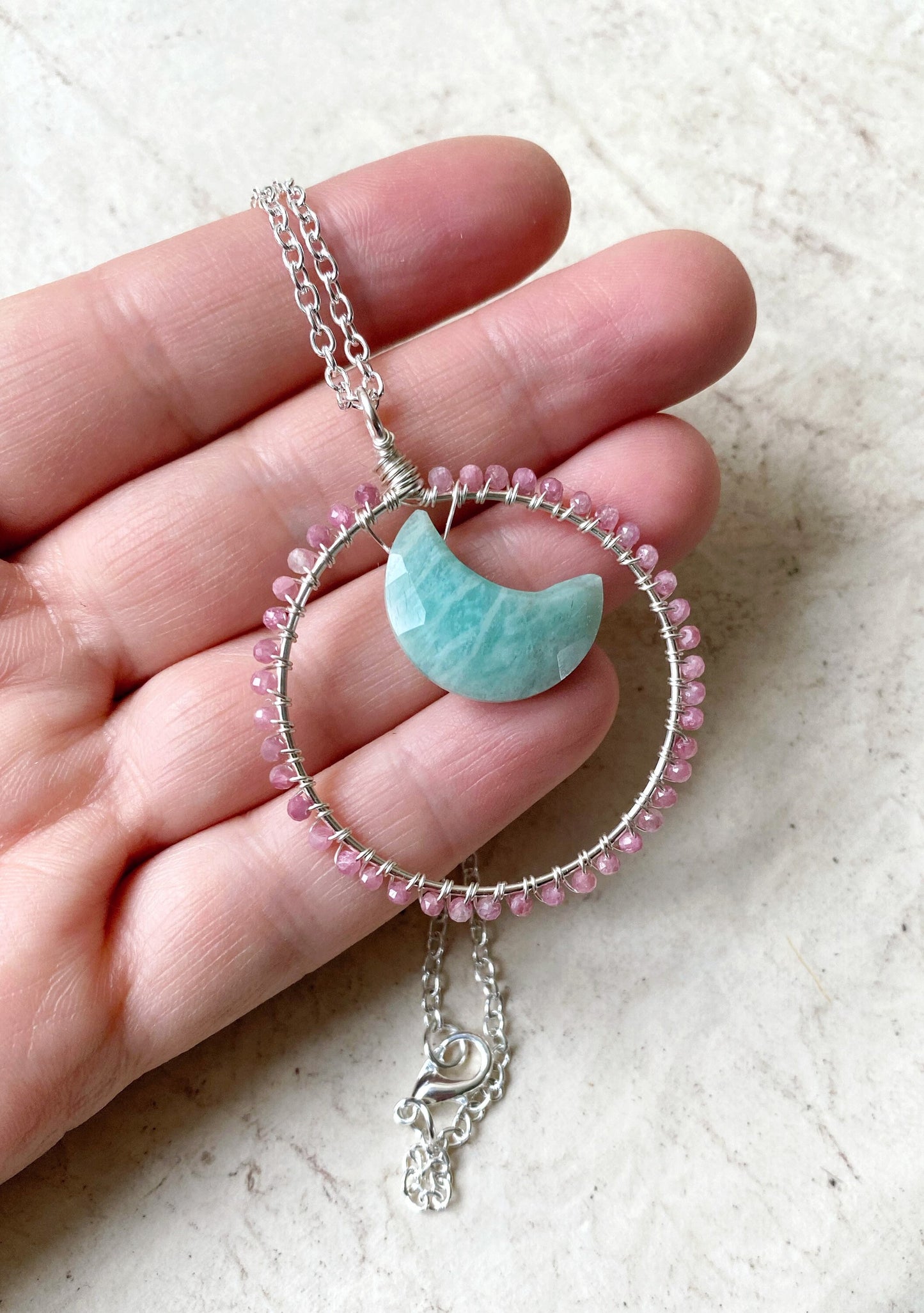 Pink Tourmaline and Amazonite crystal Moon Gazer Necklace