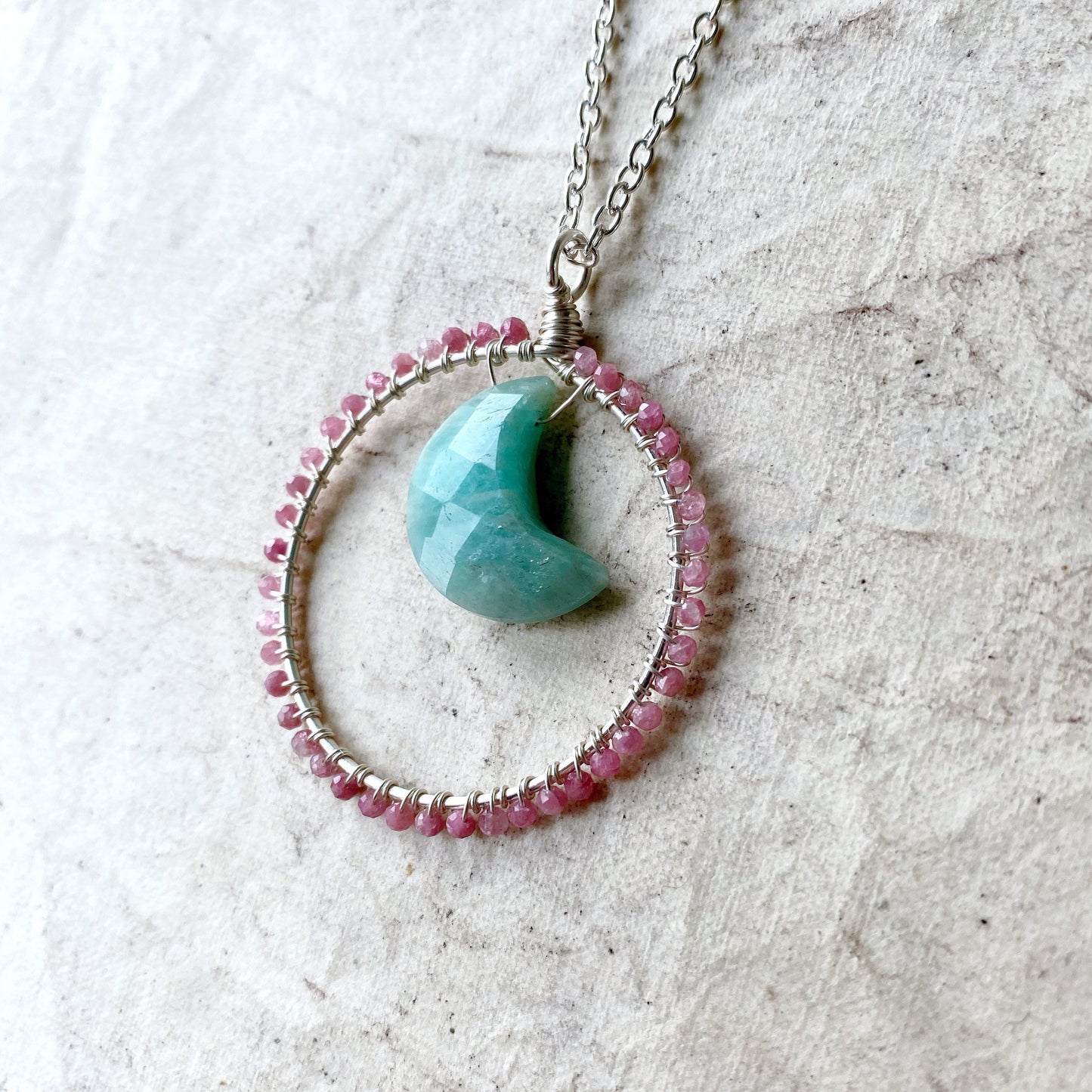Pink Tourmaline and Amazonite crystal Moon Gazer Necklace