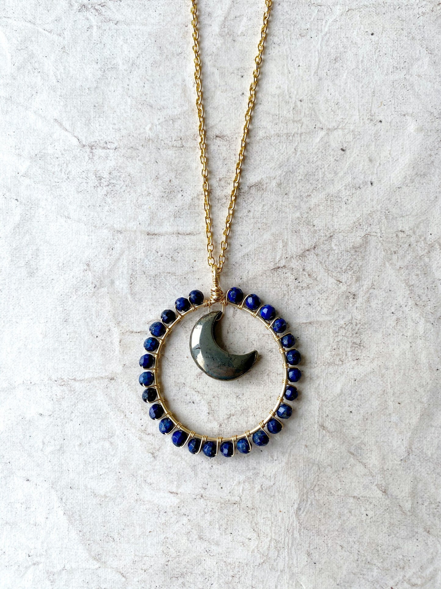 Pyrite and Lapis Lazuli Crystal Moon Necklace