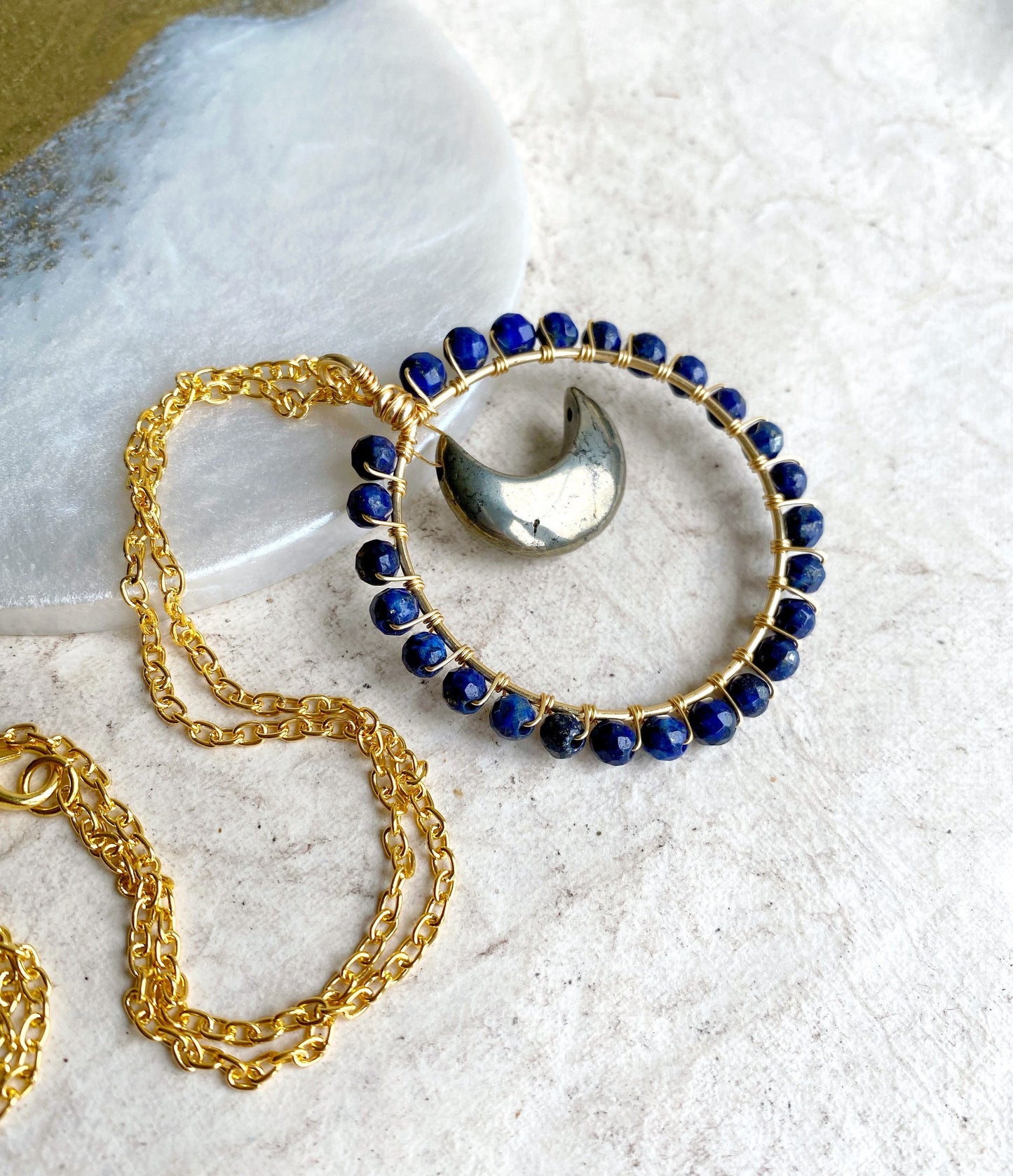 Pyrite and Lapis Lazuli Crystal Moon Necklace