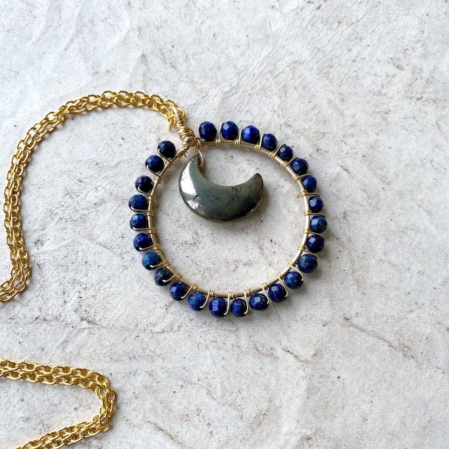 Pyrite and Lapis Lazuli Crystal Moon Necklace