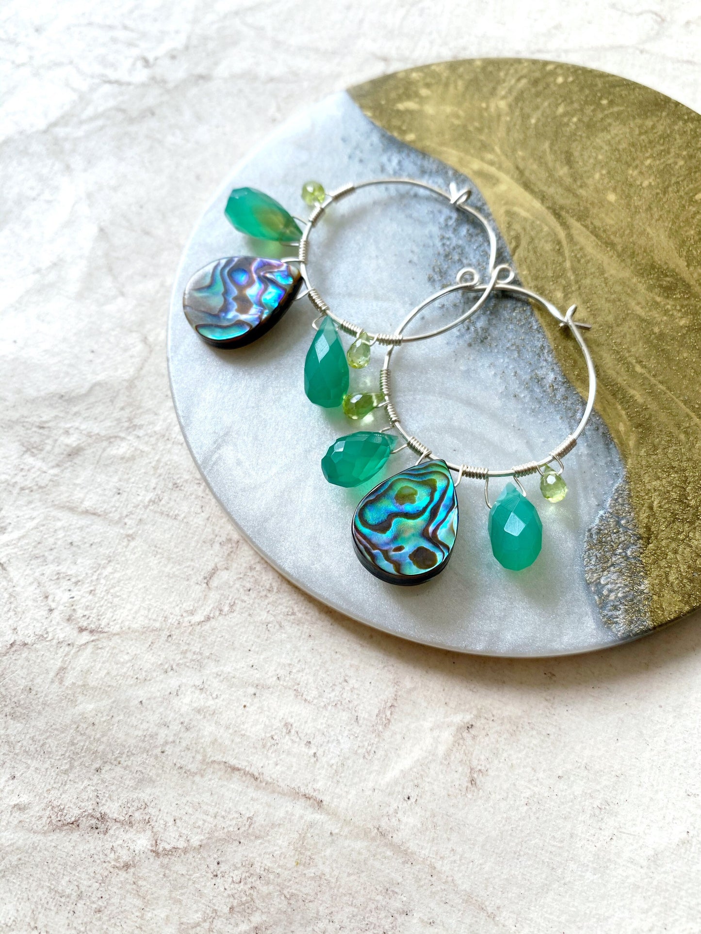 Peacock feather earrings with abalone, green onyx and peridot