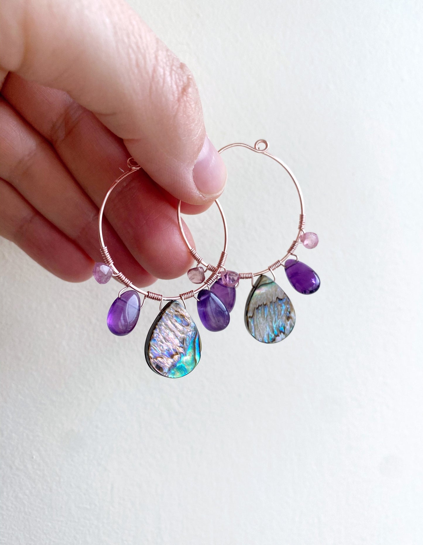 Peacock feather earrings with abalone, amethyst and pink tourmaline