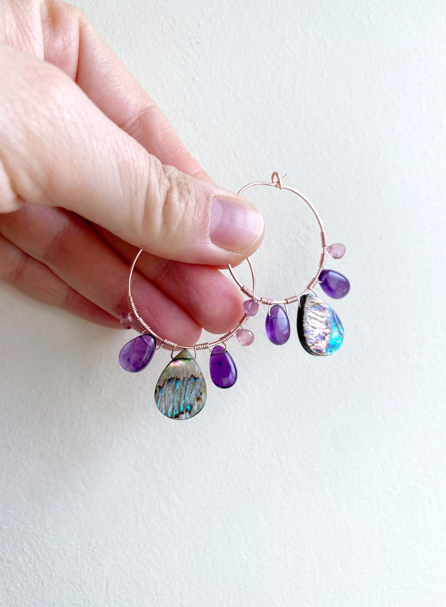 Peacock feather earrings with abalone, amethyst and pink tourmaline