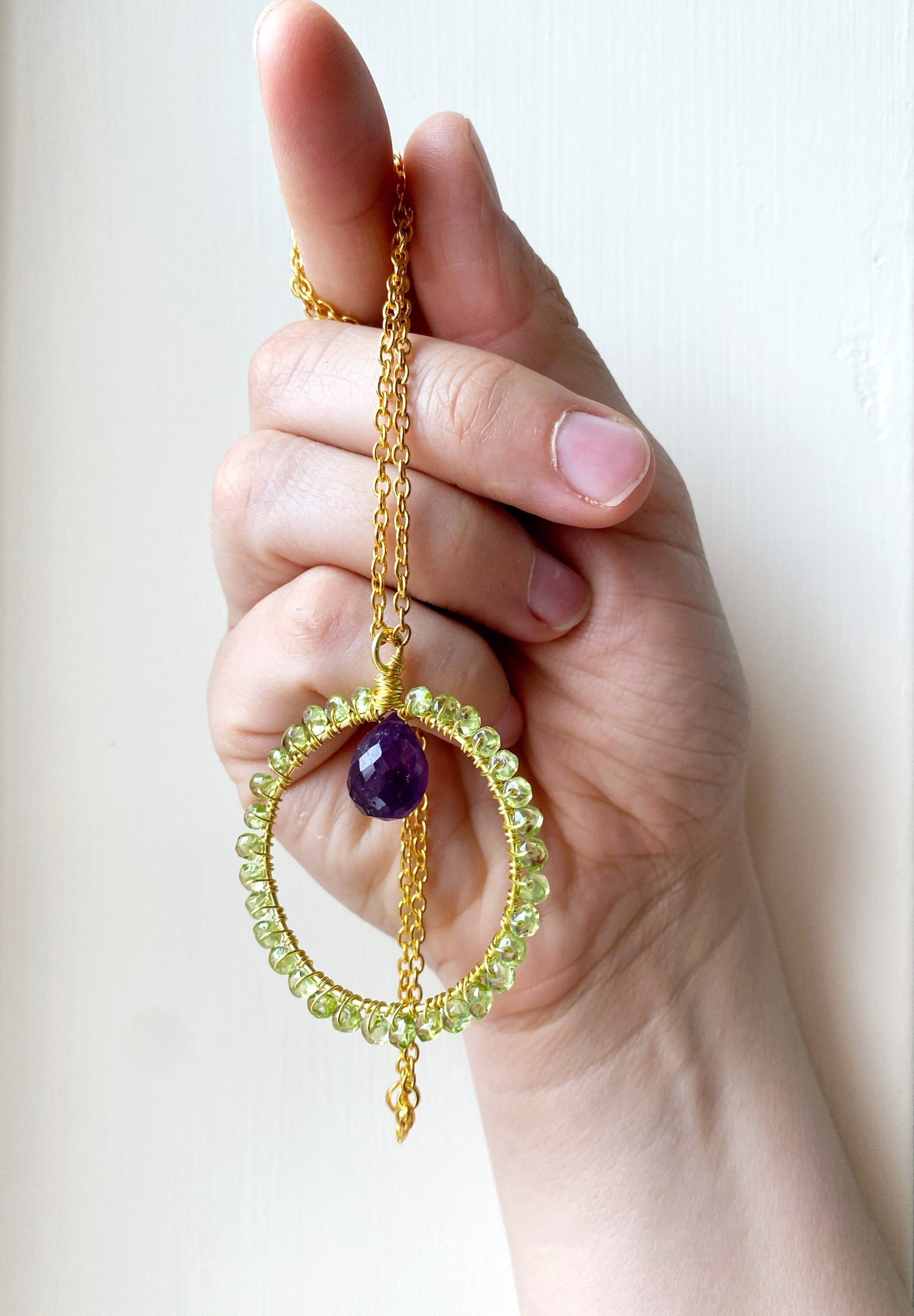 Amethyst and Peridot crystal circle necklace