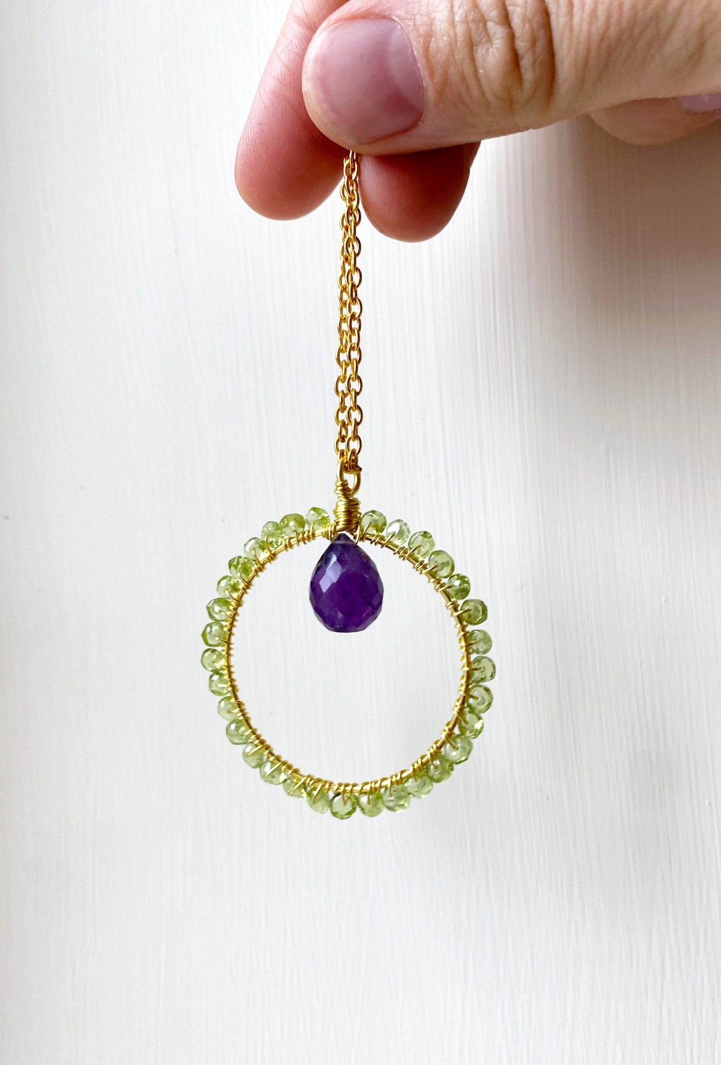 Amethyst and Peridot crystal circle necklace