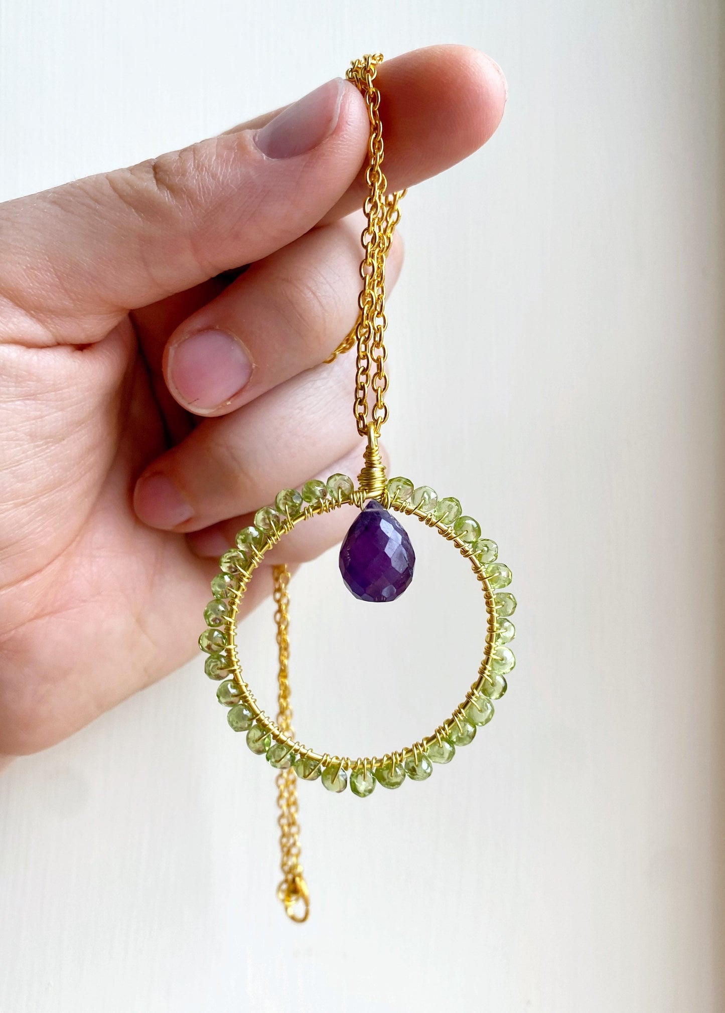 Amethyst and Peridot crystal circle necklace
