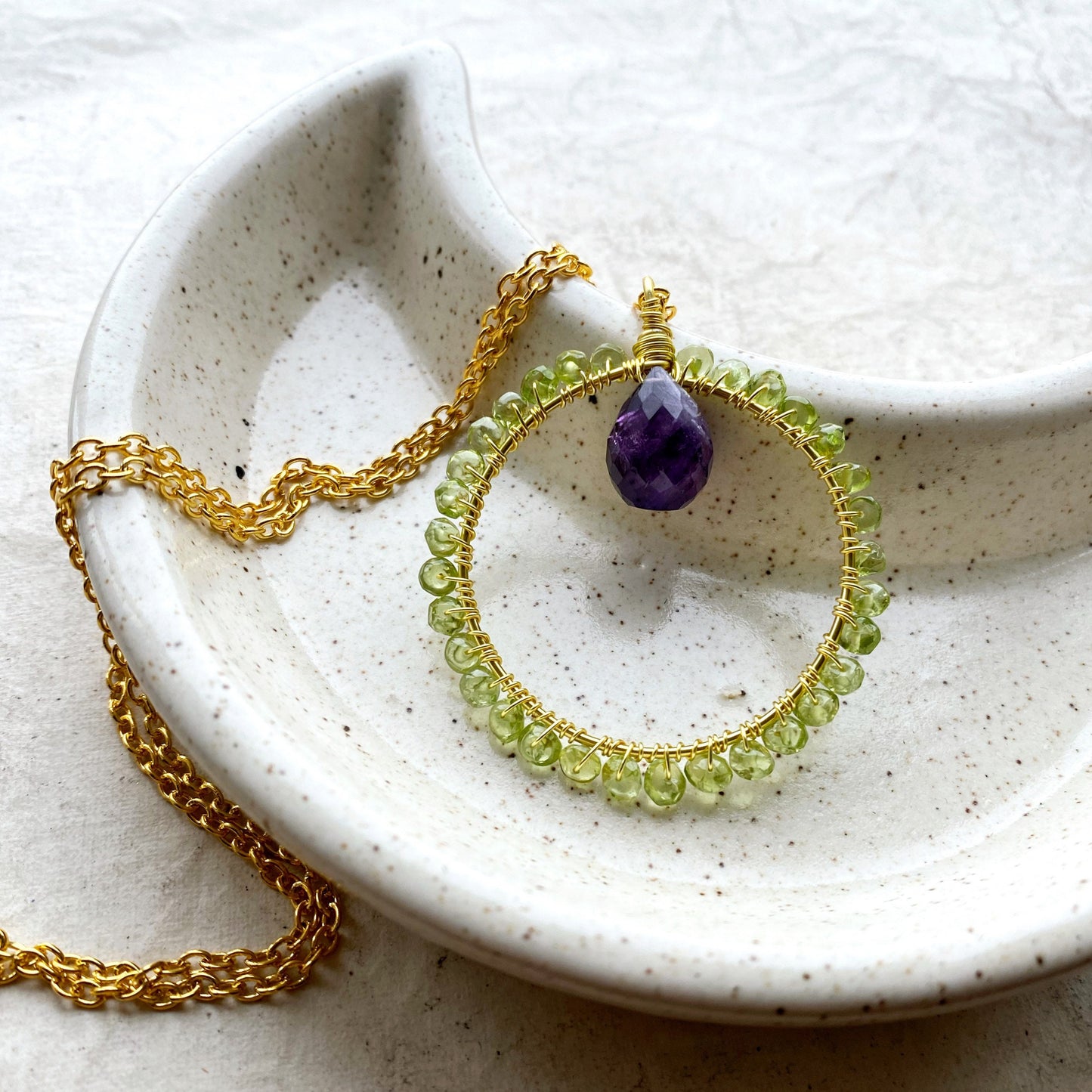 Amethyst and Peridot crystal circle necklace
