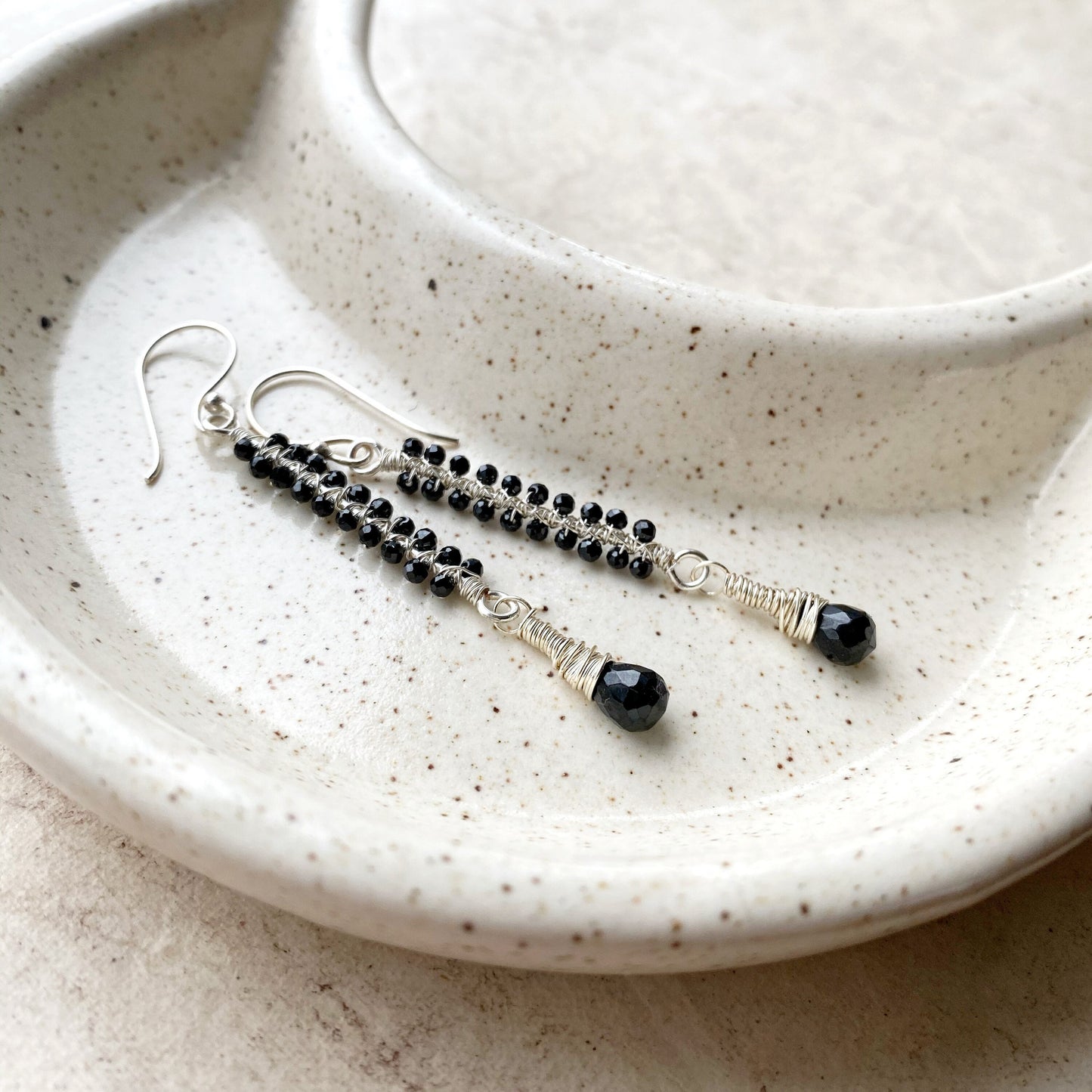Black Spinel Silver Wire Wrapped Earrings