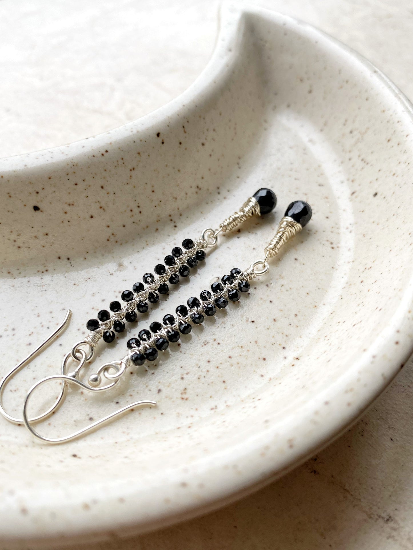 Black Spinel Silver Wire Wrapped Earrings